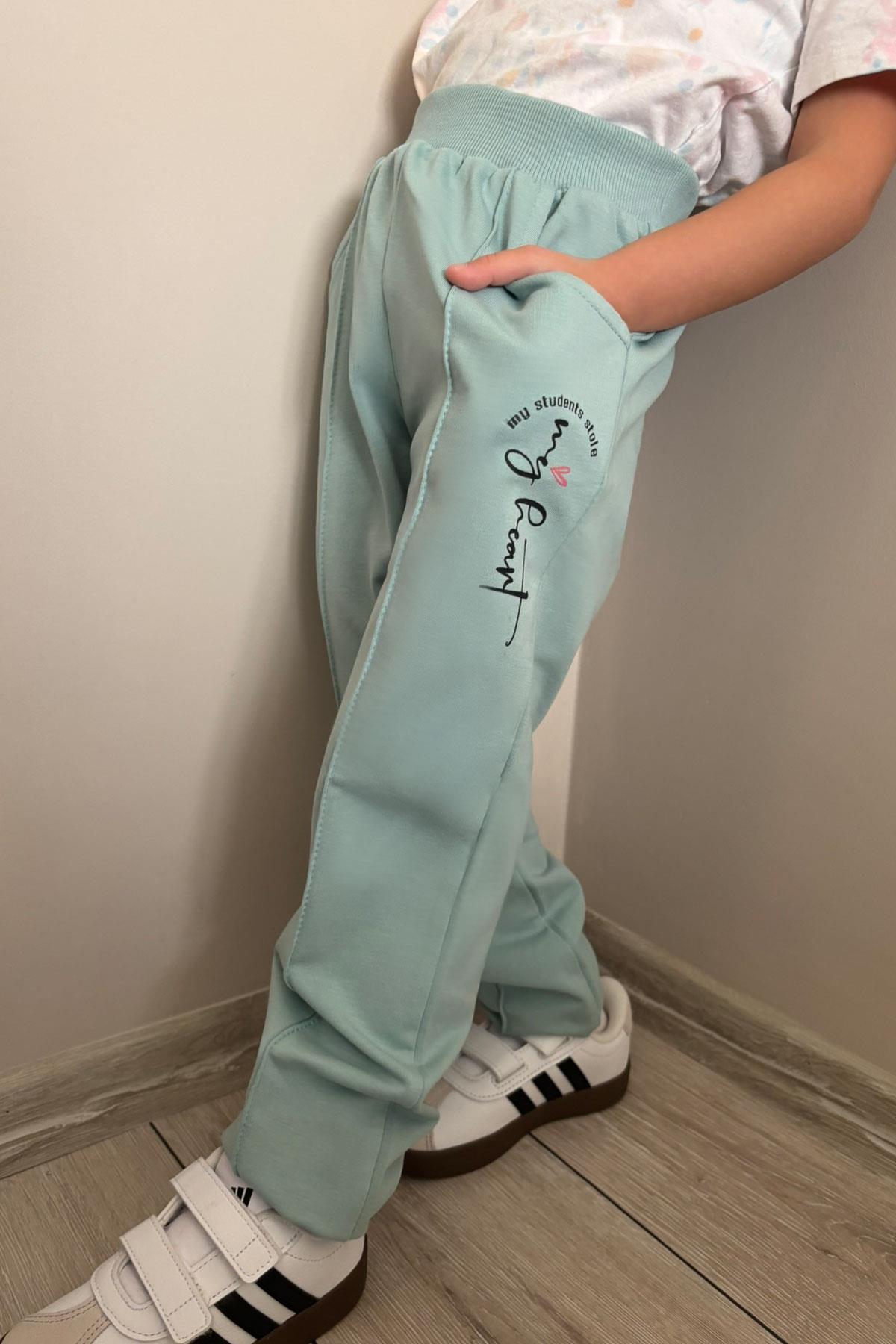 Breeze Kız Çocuk Eşofman Altı Çima Dikiş Detaylı Cepli Su Yeşili (3-7 Yaş)