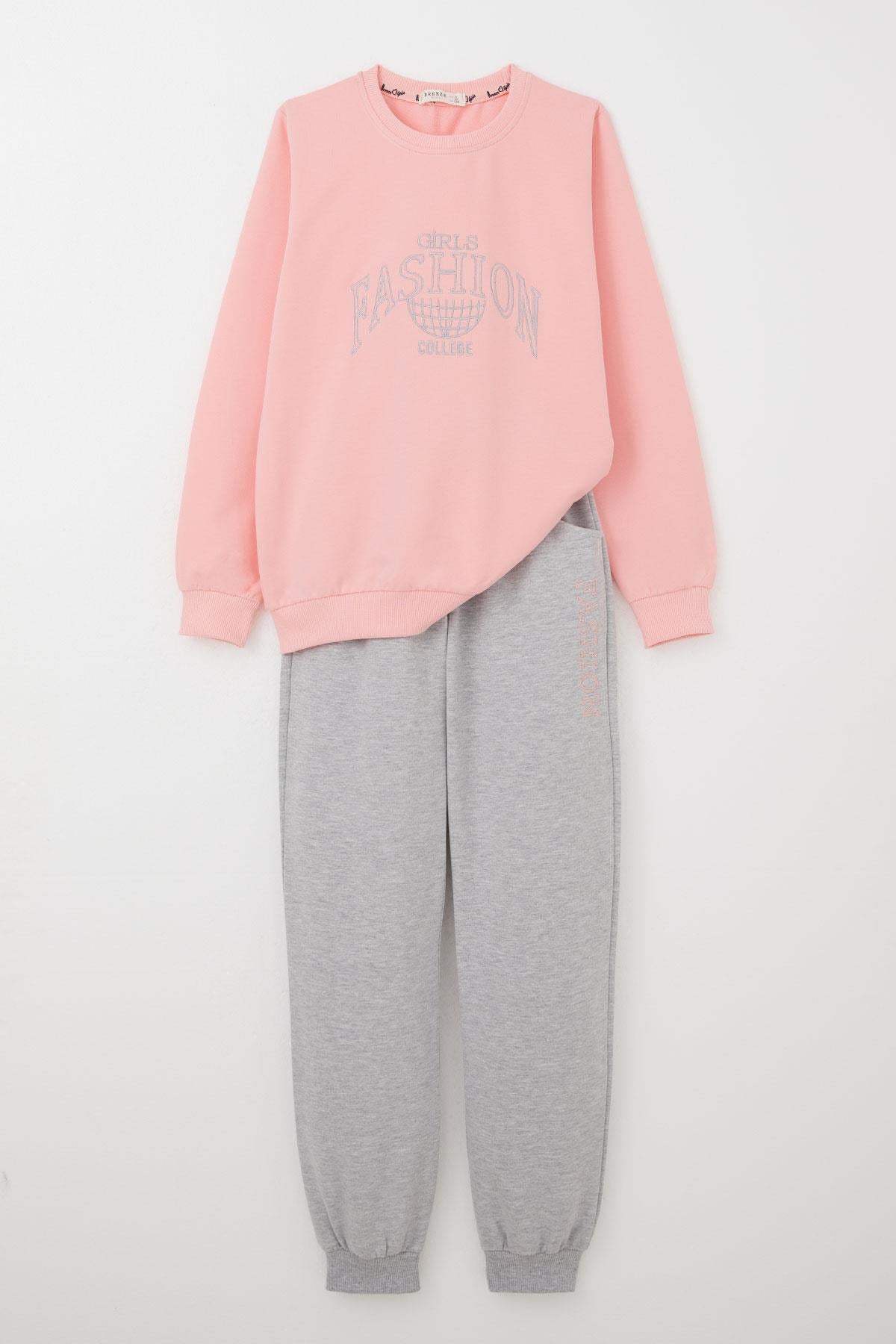 Breeze Kız Çocuk Eşofman Takım Moda Temalı Yazı Nakışlı Pembe (8-12 Yaş)