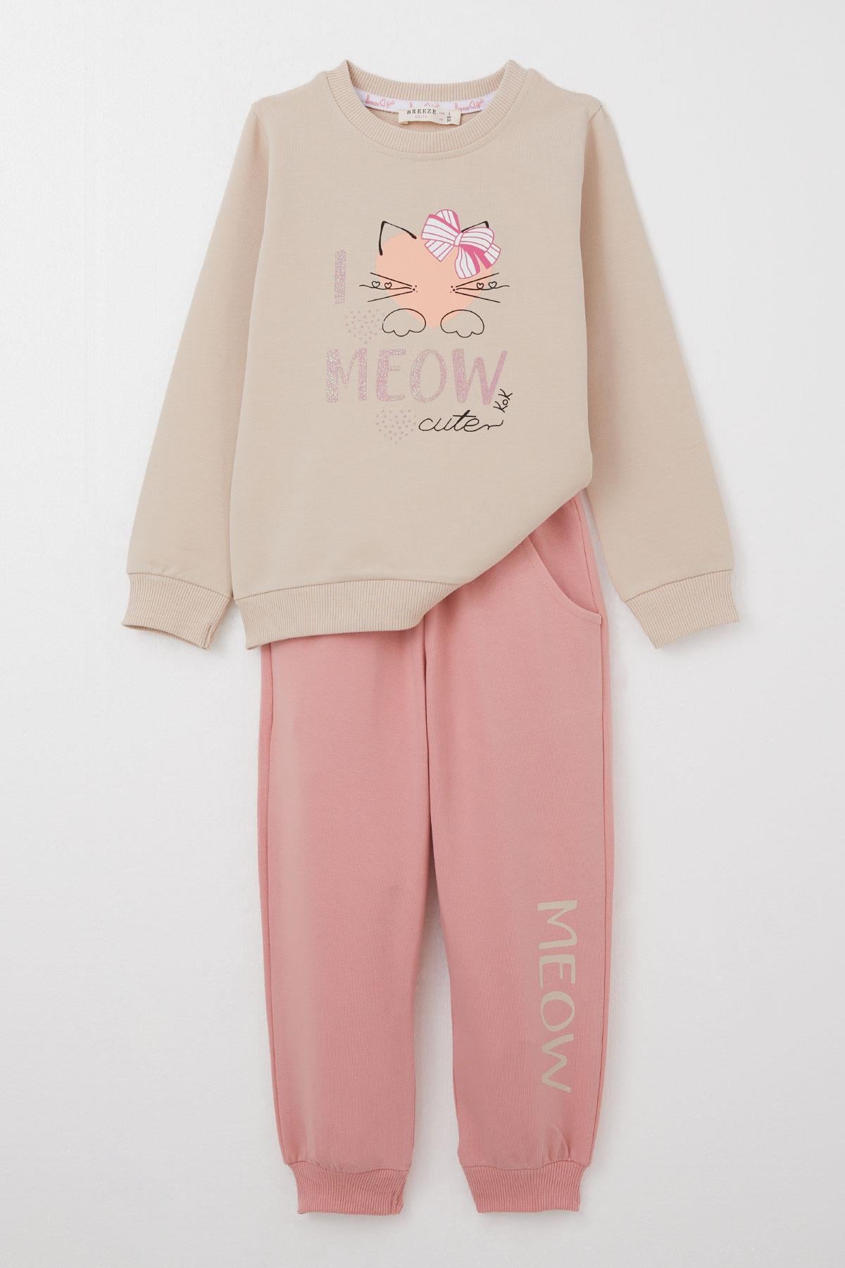Breeze Kız Çocuk Eşofman Takım Sevimli Fiyonklu Kedi Baskılı Bej (1.5-5 Yaş)