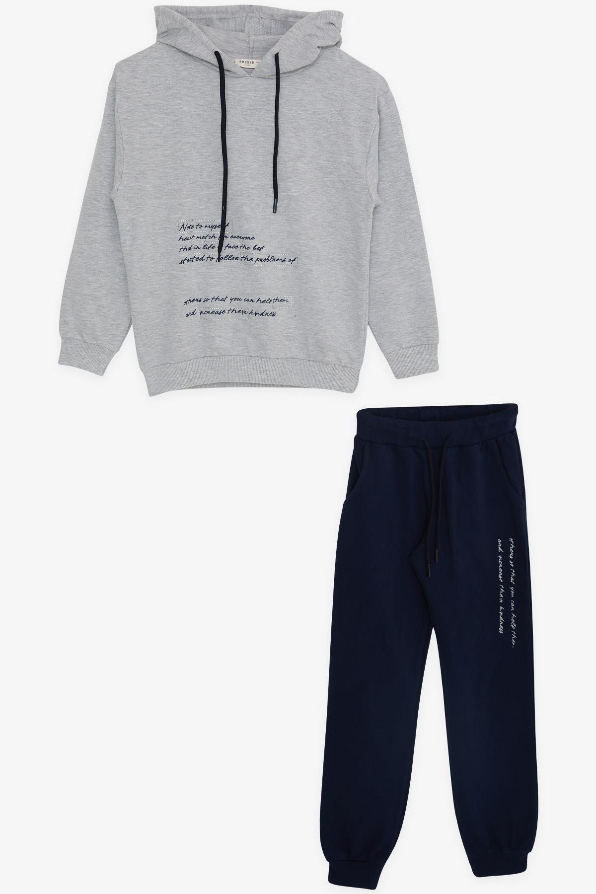 Breeze Kız Çocuk Eşofman Takım Taşlı Yazı Baskılı Kapüşonlu Gri Melanj (8-12 Yaş)