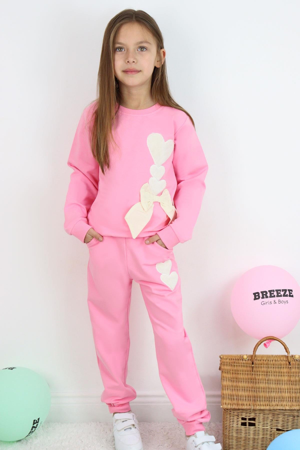 Breeze Kız Çocuk Eşofman Takımı Kalp Nakışlı Fiyonklu Pembe (4-9 Yaş)