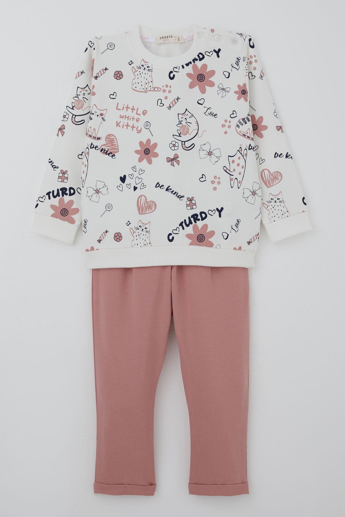 Breeze Kız Çocuk Eşofman Takımı Pati Masalı Temalı Pantolonu Fiyonk DetaylıBeyaz (1-4 Yaş)