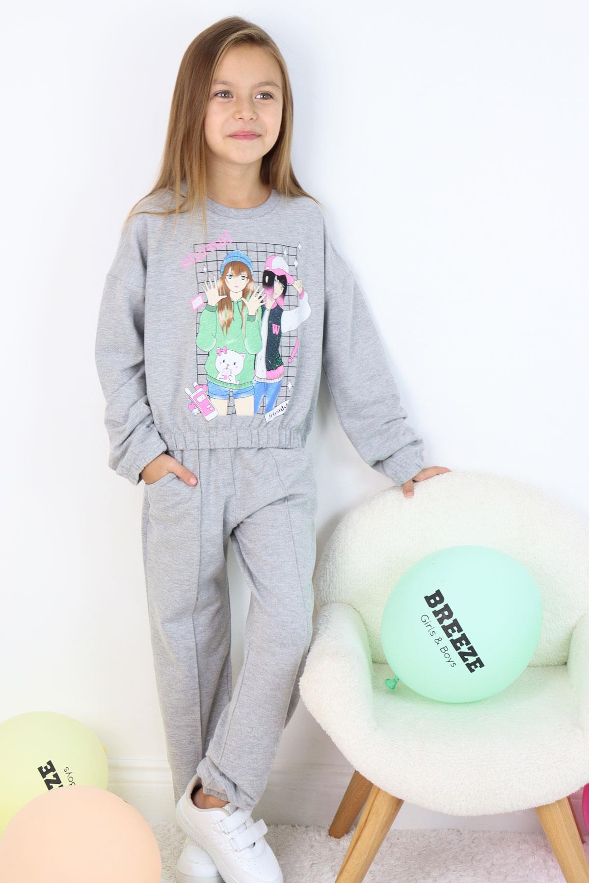 Breeze Kız Çocuk Eşofman Takımı Simli Kız Baskılı Gri Melanj (9-12 Yaş)
