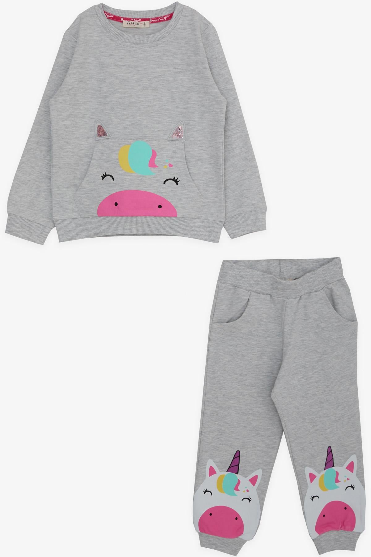 Breeze Kız Çocuk Eşofman Takımı Unicorn Baskılı Açık Gri Melanj (1-4 Yaş)