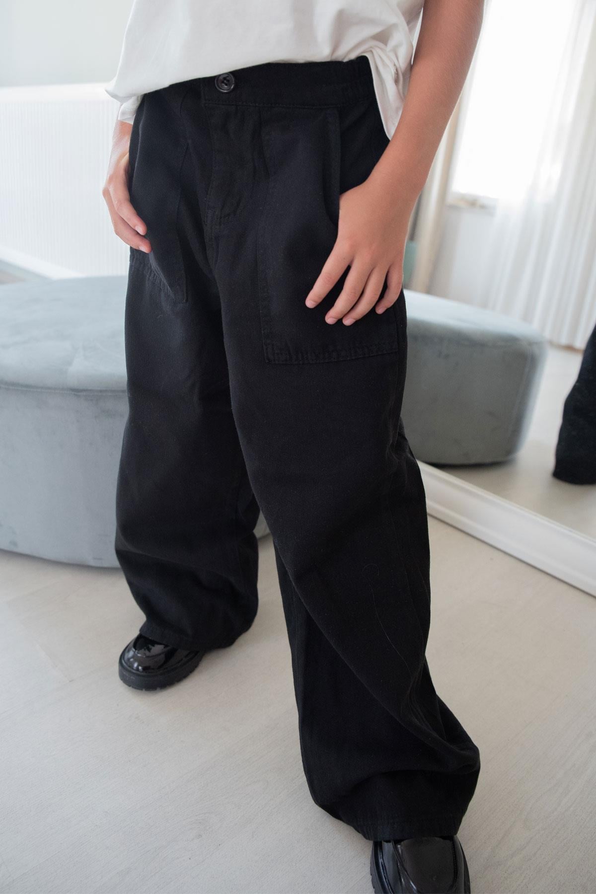Breeze Kız Çocuk Gabardin Pantolon Geniş Paça Beli Lastikli Siyah (5-9 Yaş)