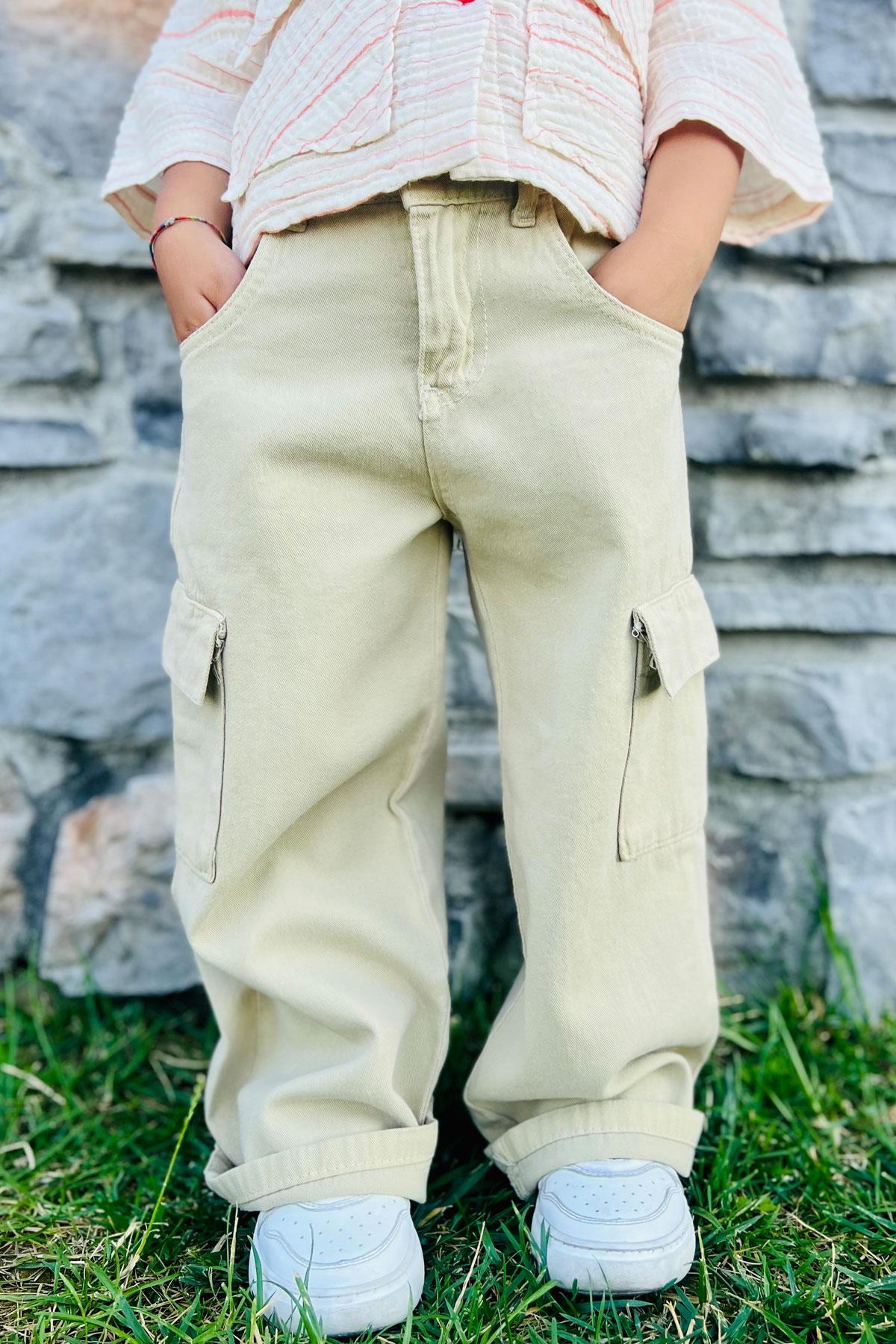 Breeze Kız Çocuk Gabardin Pantolon Kargo Cep Detaylı Taş (5-14 Yaş)