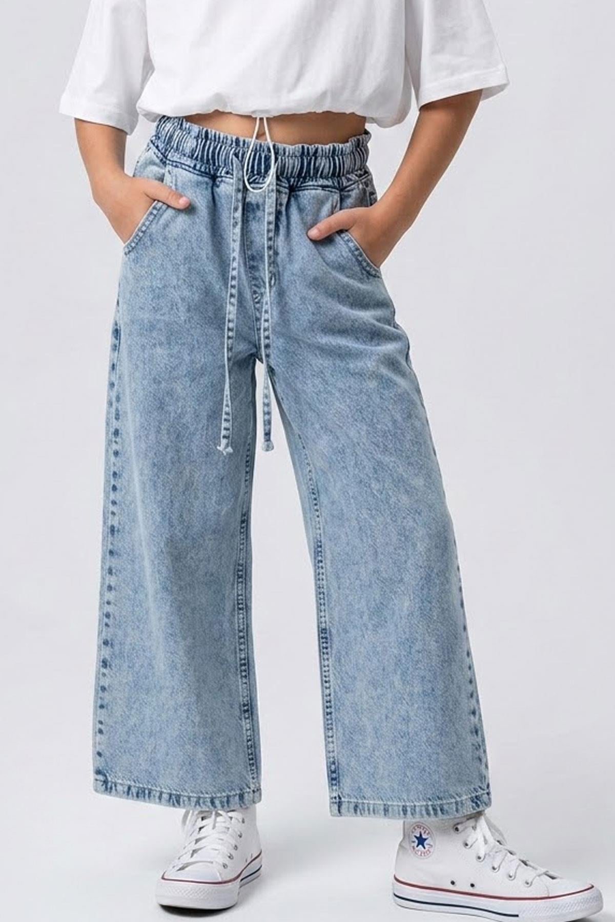 Breeze Kız Çocuk Jean Pantolon Bağcıklı Bel Kısmı Lastikli Açık Mavi (7-12 Yaş)