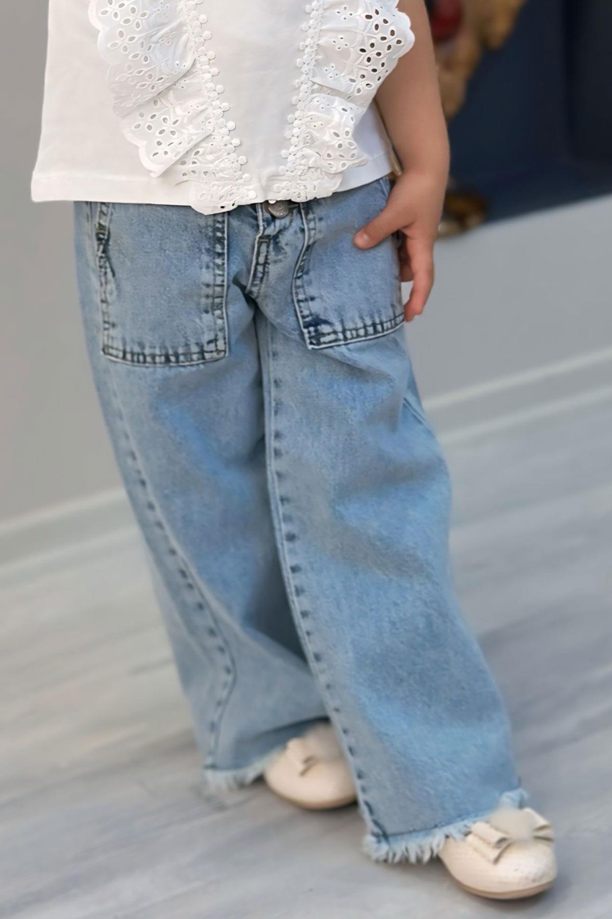 Breeze Kız Çocuk Jean Pantolon Geniş Paça Düğmeli Paçası Püskül Detaylı Açık Mavi (5-9 Yaş)