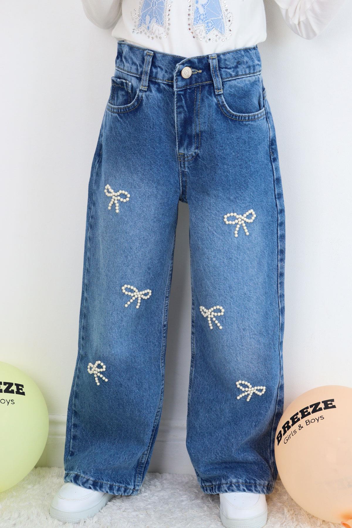 Breeze Kız Çocuk Jean Pantolon İnci Detaylı Fiyonk İşlemeli Mavi (5-9 Yaş)