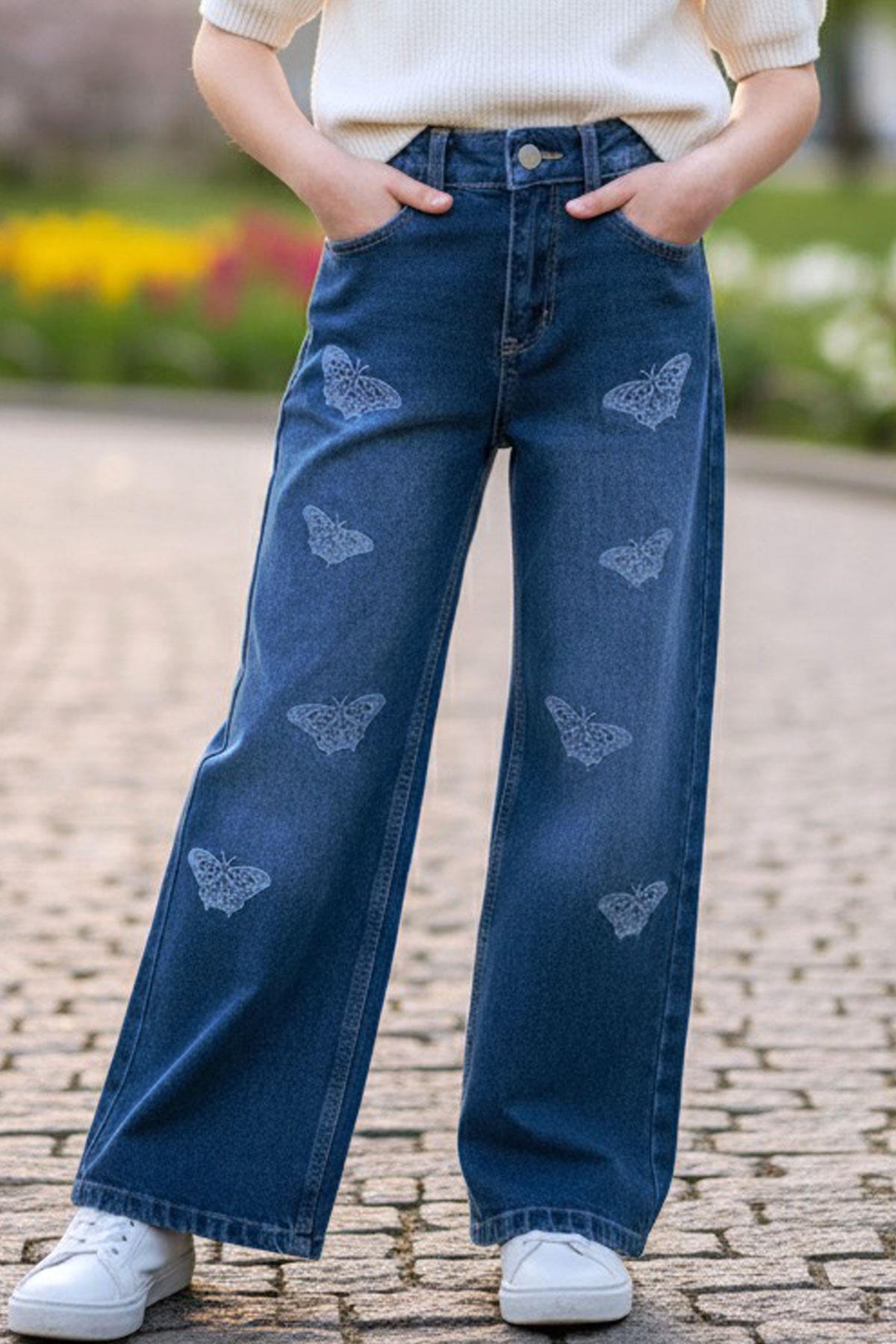 Breeze Kız Çocuk Jean Pantolon Kelebek Nakışlı Mavi (5-9 Yaş)