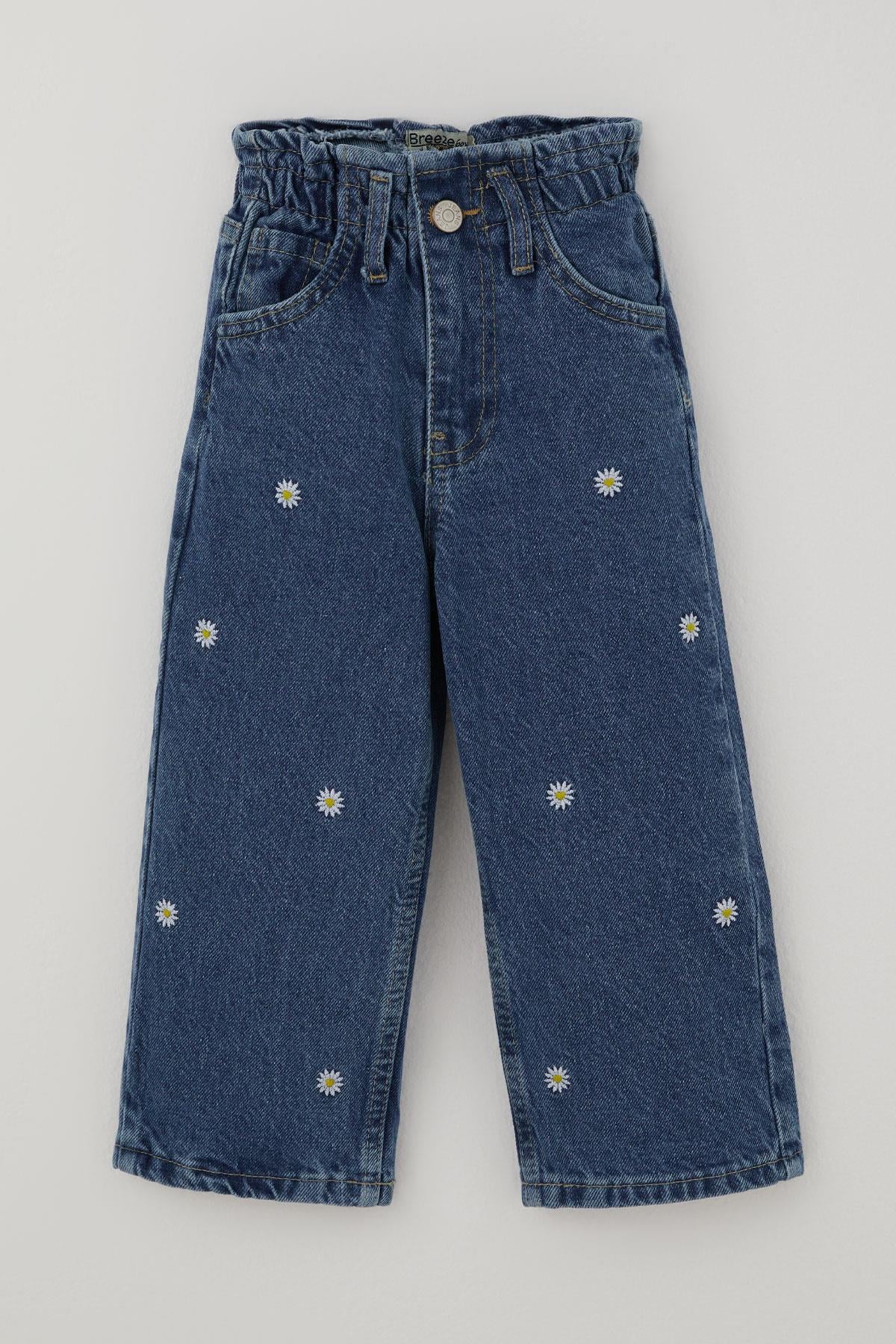 Breeze Kız Çocuk Jean Pantolon Papatya Nakışlı Düğmeli Mavi (1.5-5 Yaş)