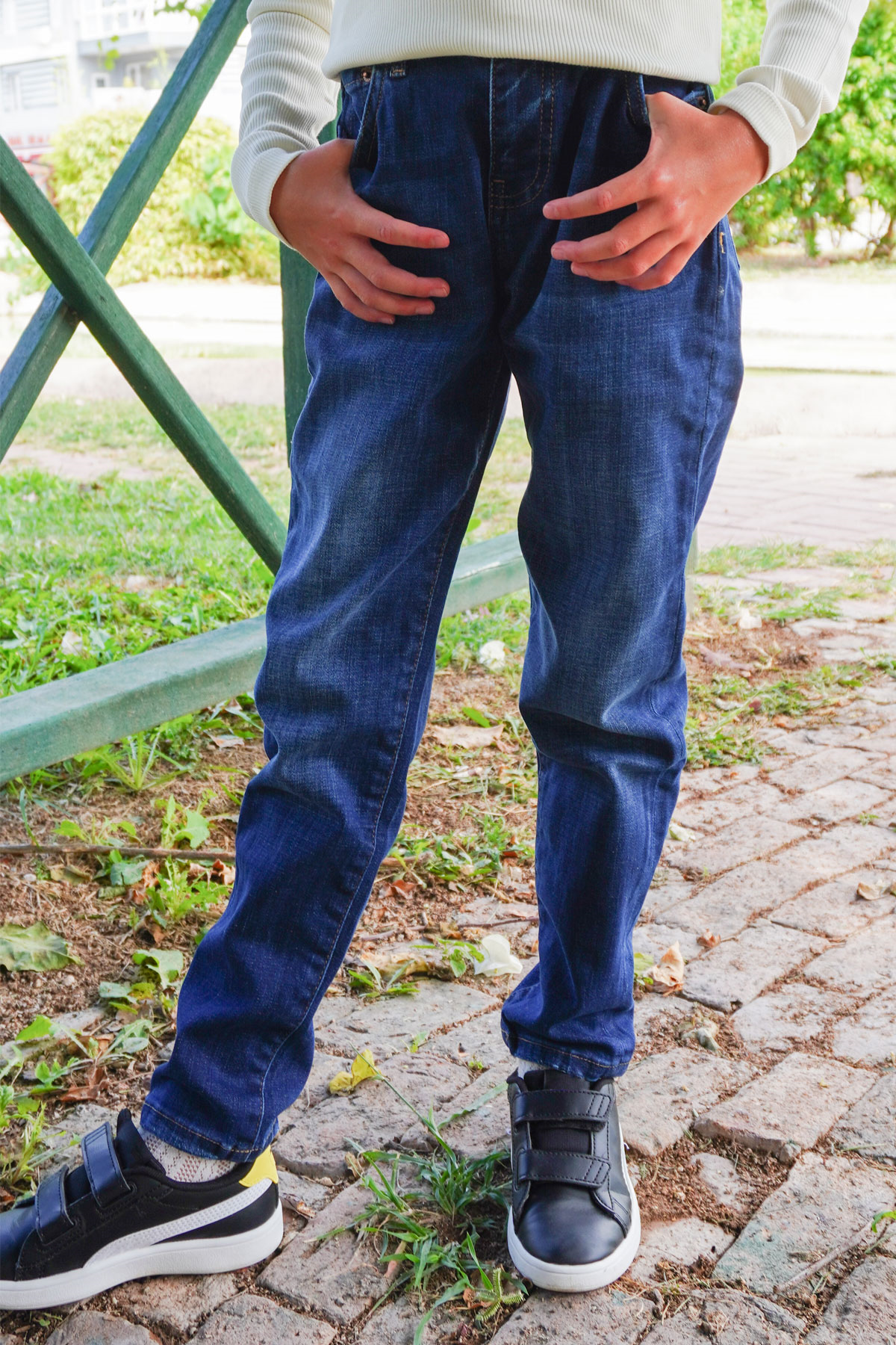 Breeze Kız Çocuk Jean Pantolon Taşlanmış Cepli Düğmeli Mavi (9-14 Yaş)