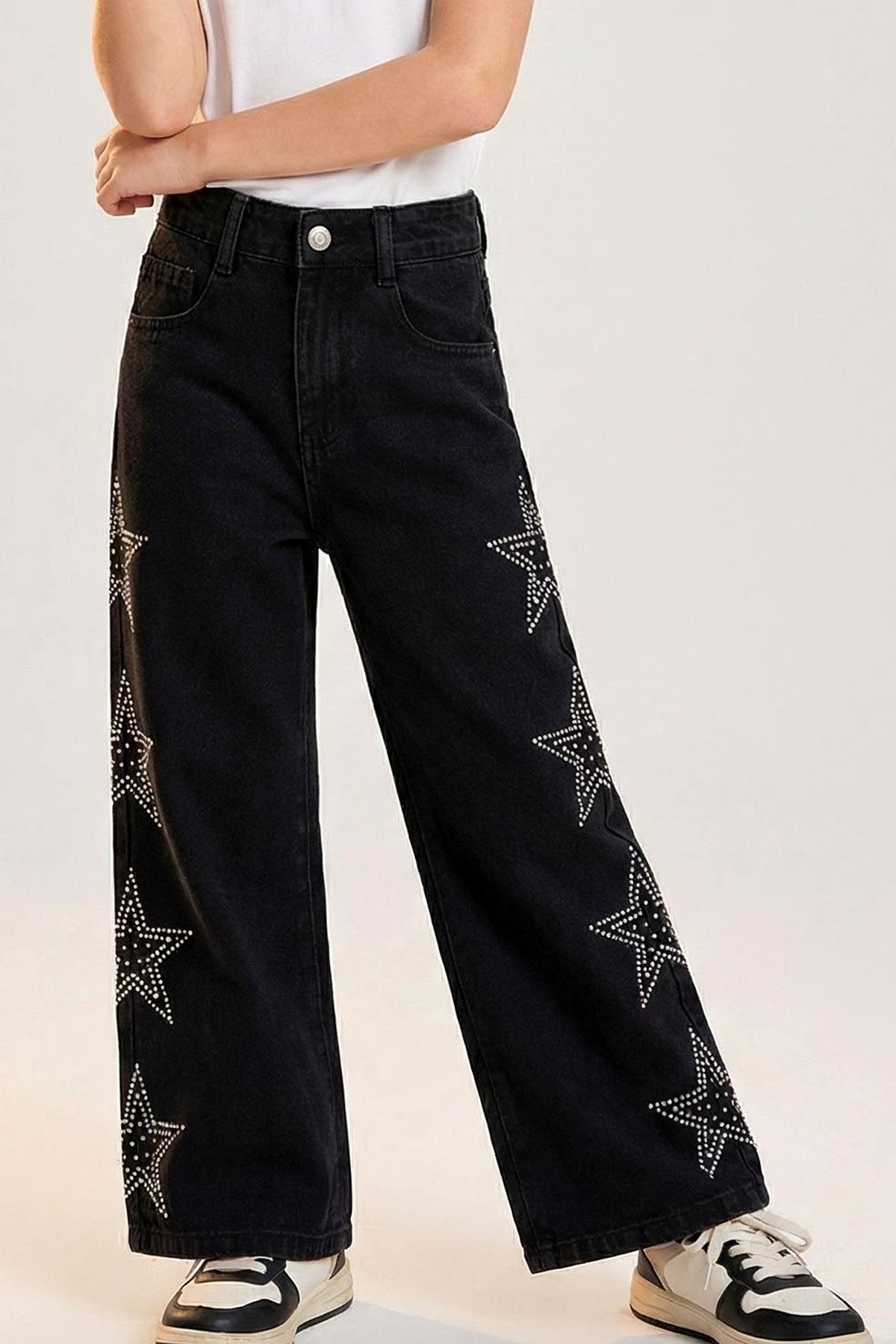 Breeze Kız Çocuk Jean Pantolon Taşlı Yıldız Baskılı Siyah (5-9 Yaş)