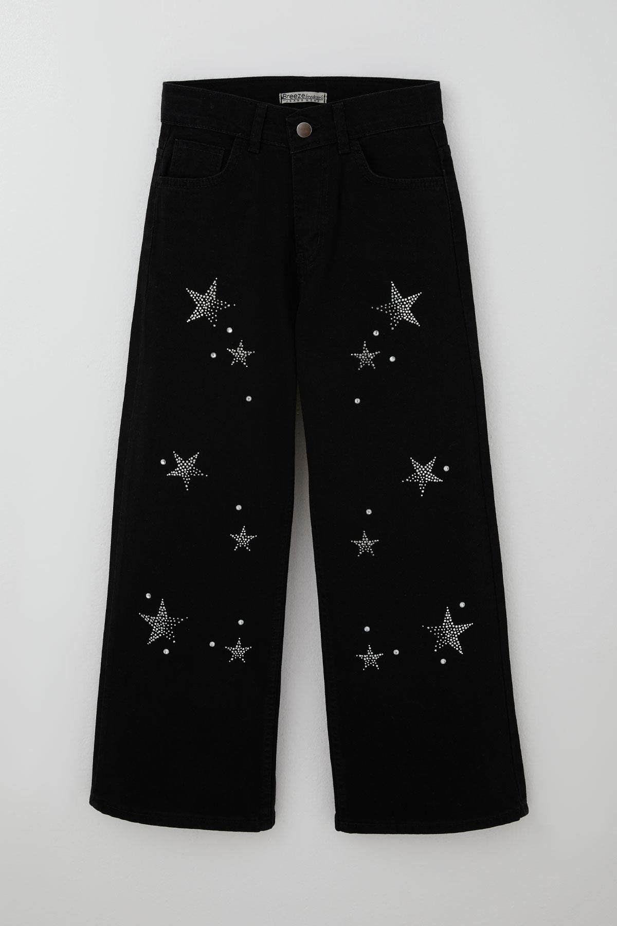 Breeze Kız Çocuk Jean Pantolon Taşlı Yıldız Aksesuarlı Siyah (10-14 Yaş)
