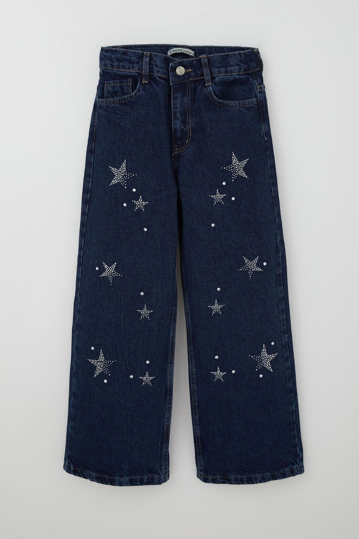 Breeze Kız Çocuk Jean Pantolon Taşlı Yıldız Aksesuarlı Koyu Mavi (10-14 Yaş)