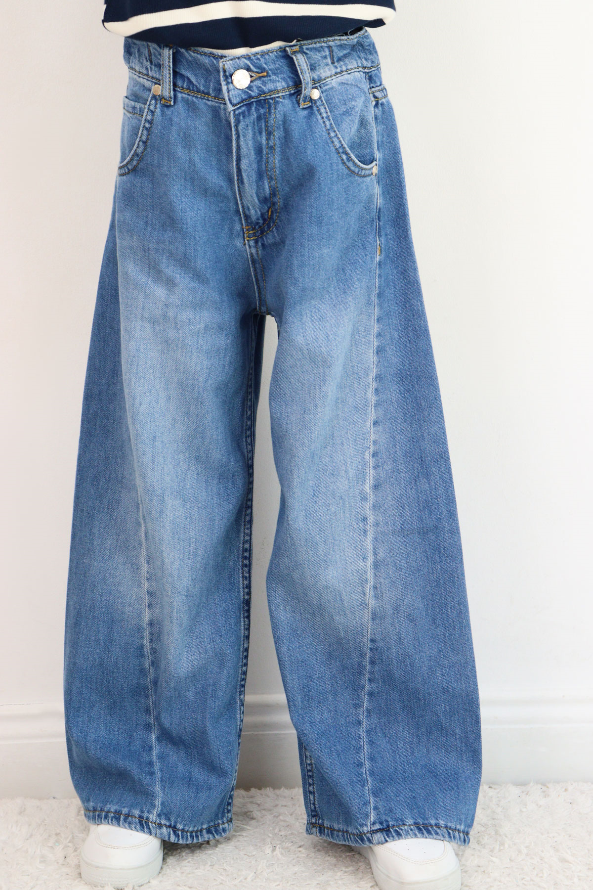 Breeze Kız Çocuk Jean Pantolon Yıkamalı Fermuarlı Düğmeli Mavi (4-8 Yaş)