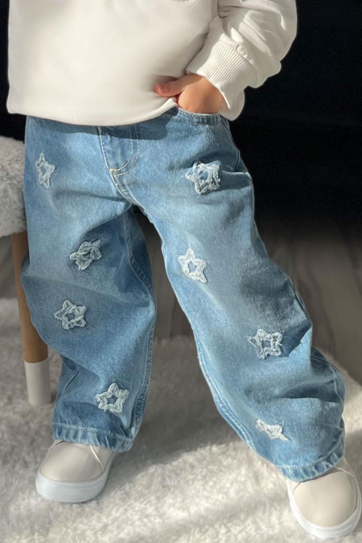 Breeze Kız Çocuk Jean Pantolon Yıldız Nakışlı Beli Lastikli Düğmeli Açık Mavi (1.5-2 Yaş)