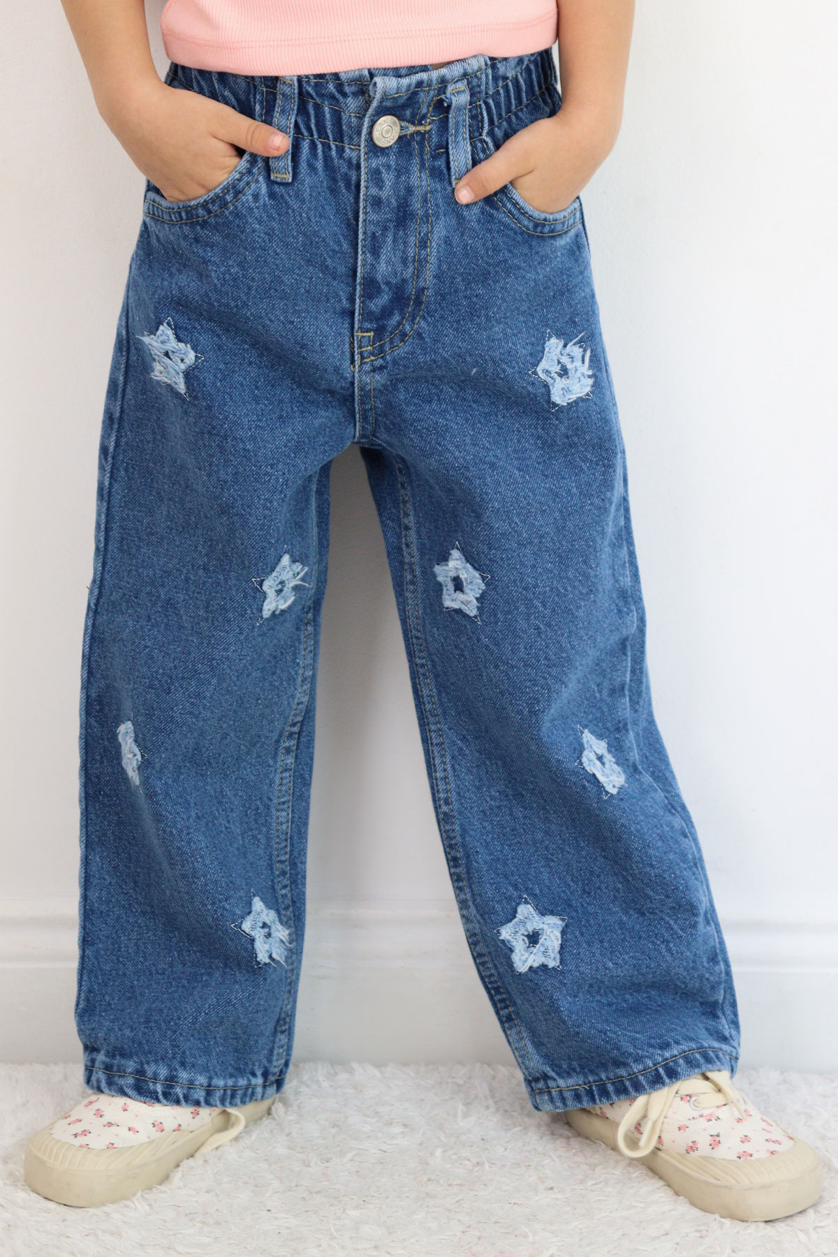 Breeze Kız Çocuk Jean Pantolon Yıldız Nakışlı Beli Lastikli Düğmeli Mavi (1.5-5 Yaş)
