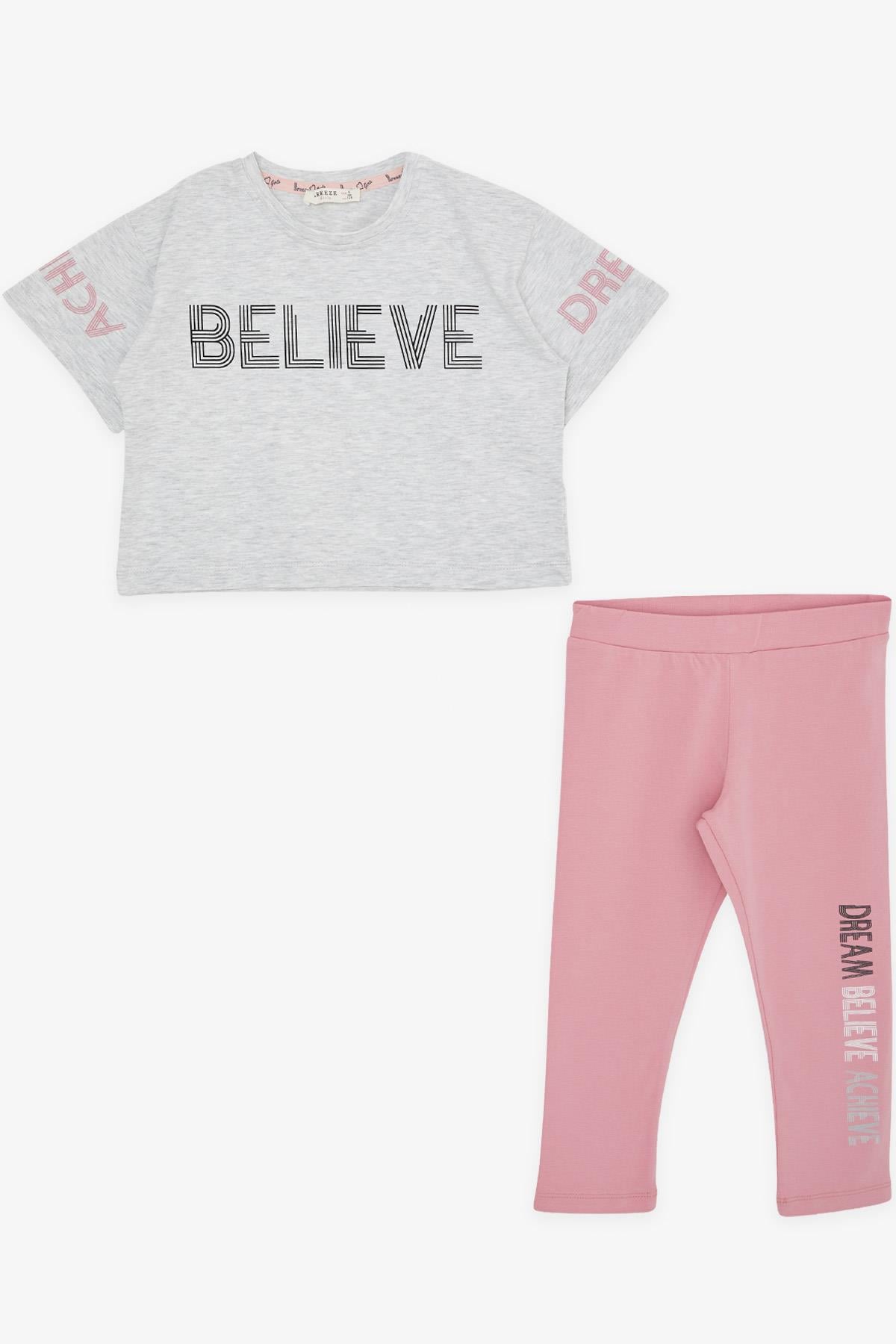 Breeze Kız Çocuk Kapri Taytlı Crop Takım Yazı Baskılı Açık Gri Melanj (8-12 Yaş)
