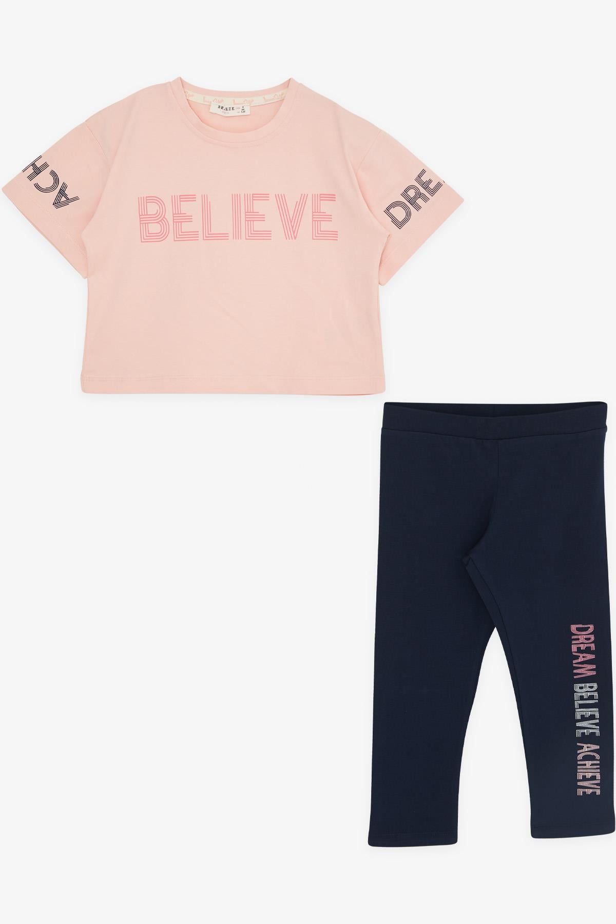 Breeze Kız Çocuk Kapri Taytlı Crop Takım Yazı Baskılı Somon (8-12 Yaş)