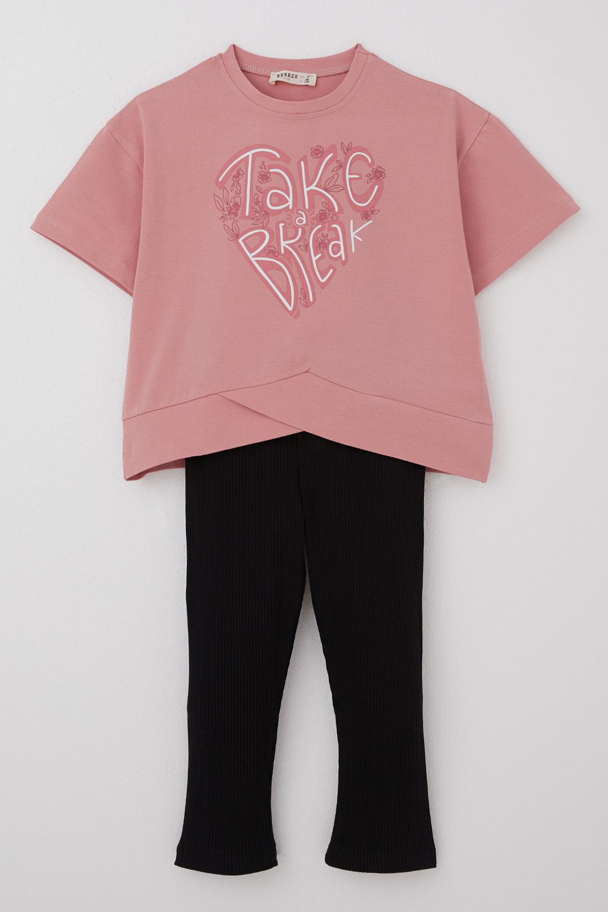 Breeze Kız Çocuk Kapri Taytlı Takım Çapraz Detay Yazı Baskılı Gülkurusu (8-14 Yaş)