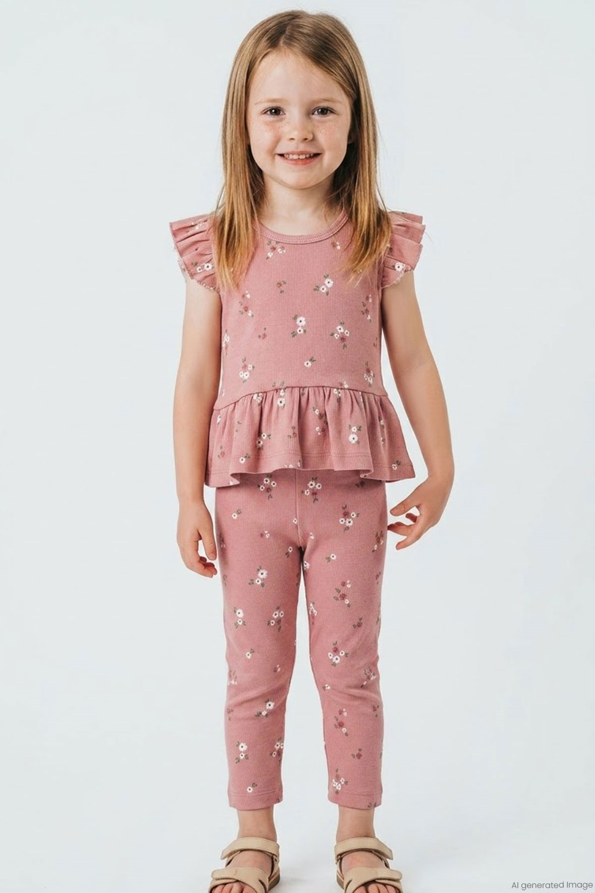 Breeze Kız Çocuk Kapri Taytlı Takım Çiçek Desenli Gülkurusu (1.5-5 Yaş)
