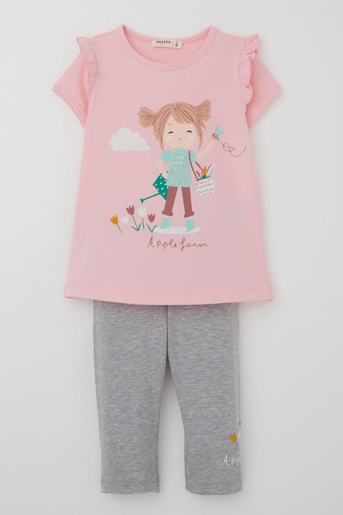 Breeze Kız Çocuk Kapri Taytlı Takım Çiftçi Kız Baskılı Pembe (1-4 Yaş)