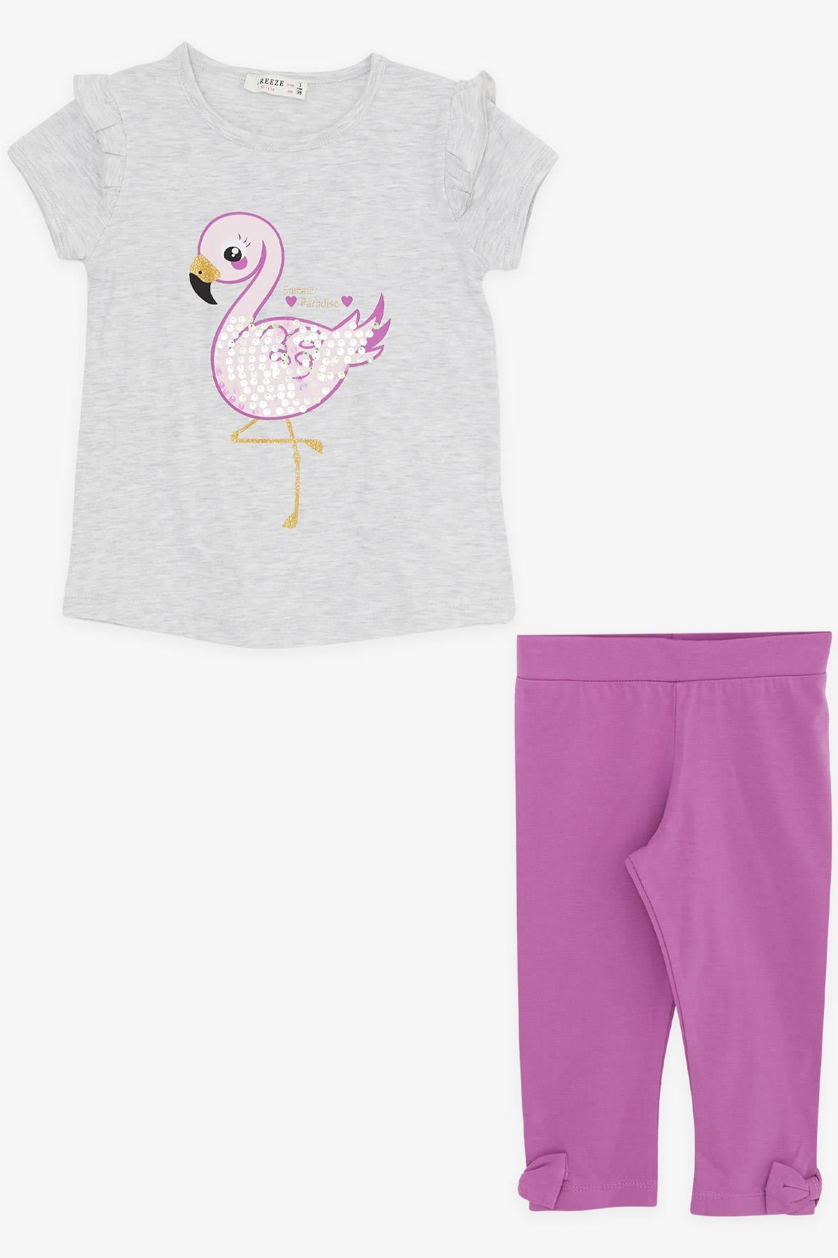 Breeze Kız Çocuk Kapri Taytlı Takım Pullu Flamingo Baskılı Gri Melanj (1.5-5 Yaş)