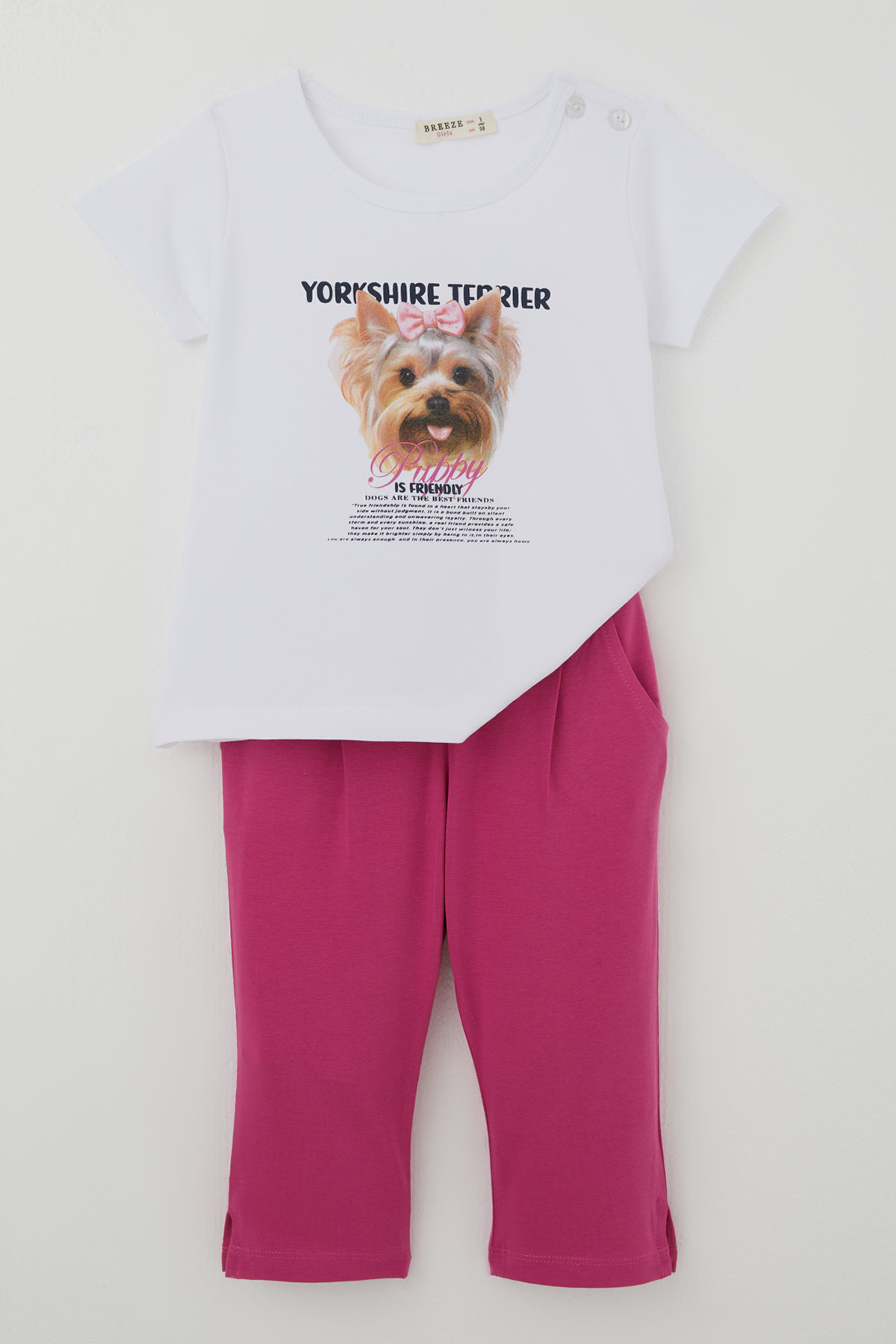 Breeze Kız Çocuk Kapri Taytlı Takım Sevimli Köpekçik Baskılı Fiyonklu Beyaz (1.5-5 Yaş)