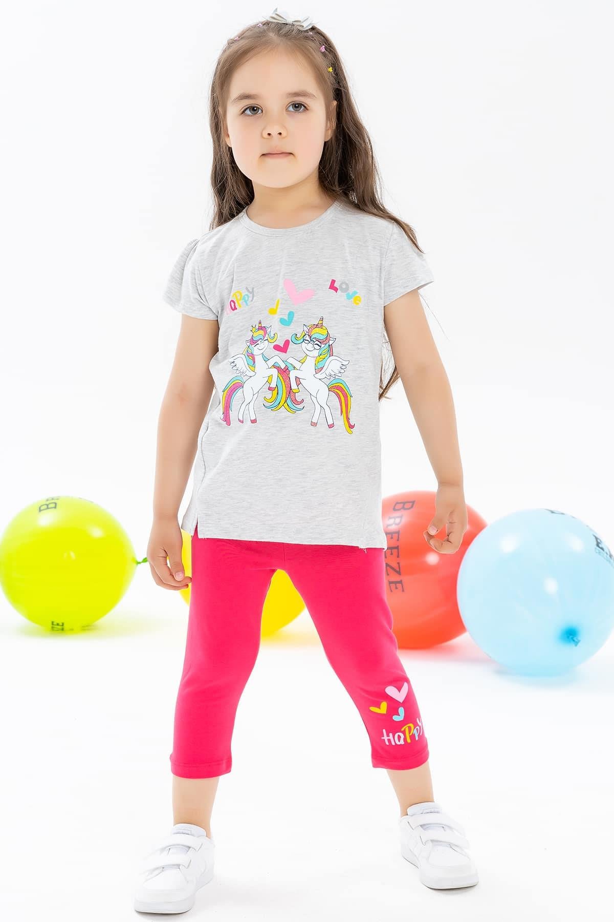 Breeze Kız Çocuk Kapri Taytlı Takım Unicorn Baskılı Açık Gri Melanj (1.5-5 Yaş)