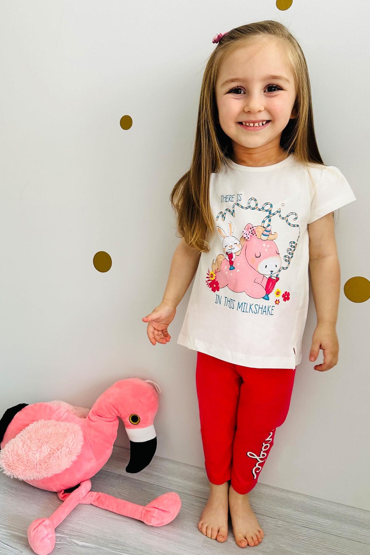 Breeze Kız Çocuk Kapri Taytlı Takım Unicorn Baskılı Ekru (1.5-5 Yaş)