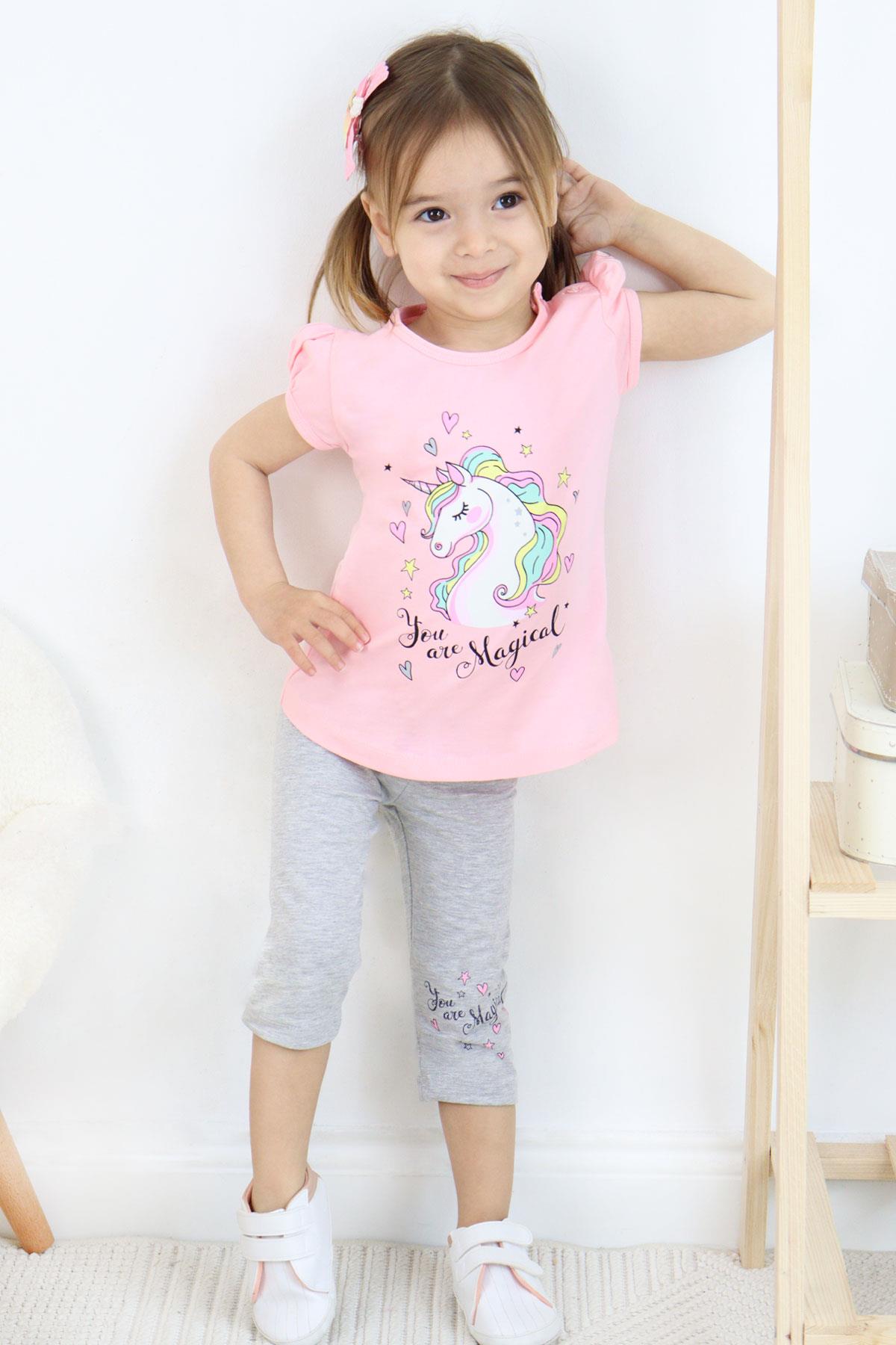 Breeze Kız Çocuk Kapri Taytlı Takım Unicorn Baskılı Pembe (1.5-4 Yaş)