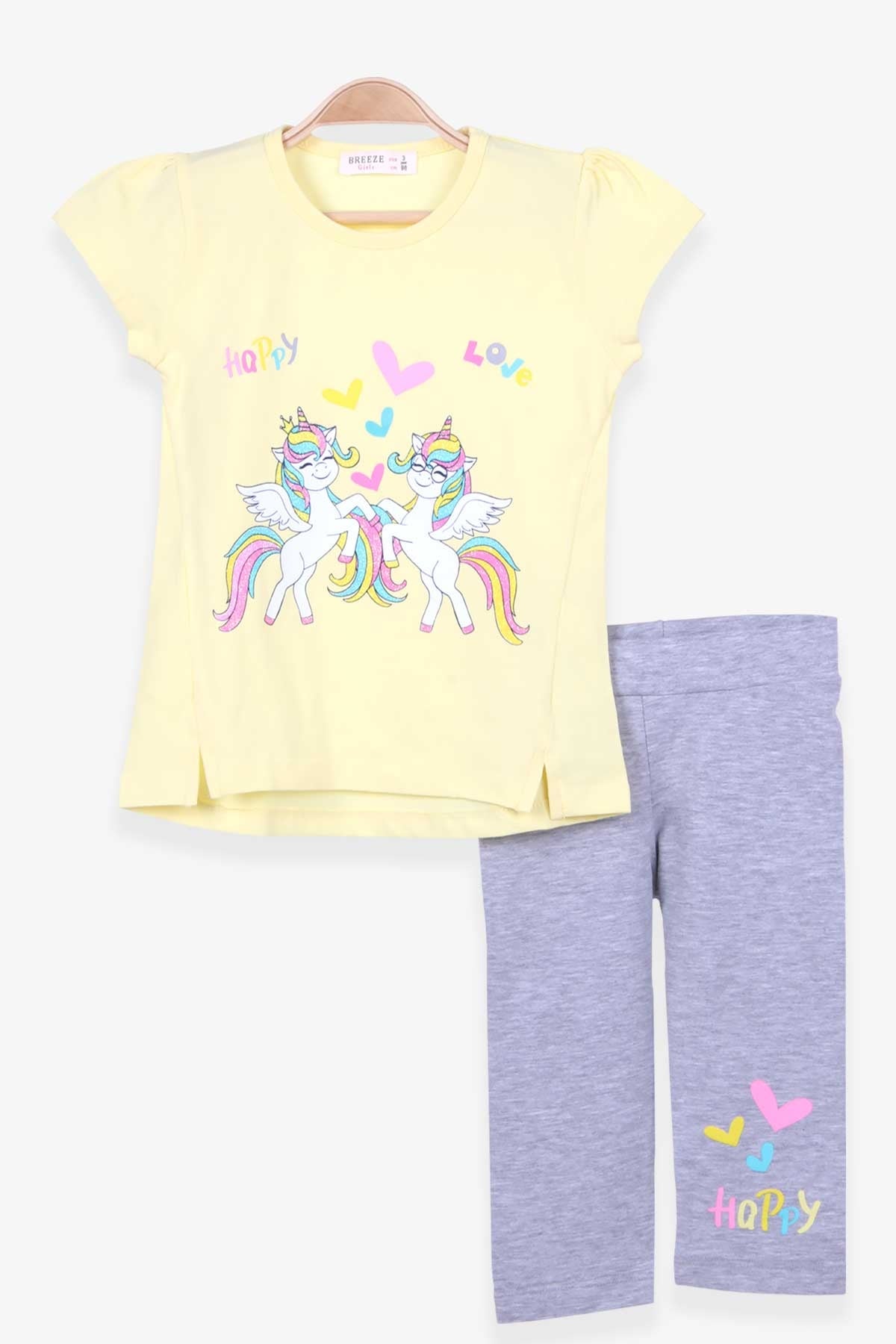 Breeze Kız Çocuk Kapri Taytlı Takım Unicorn Baskılı Sarı (1.5-5 Yaş)