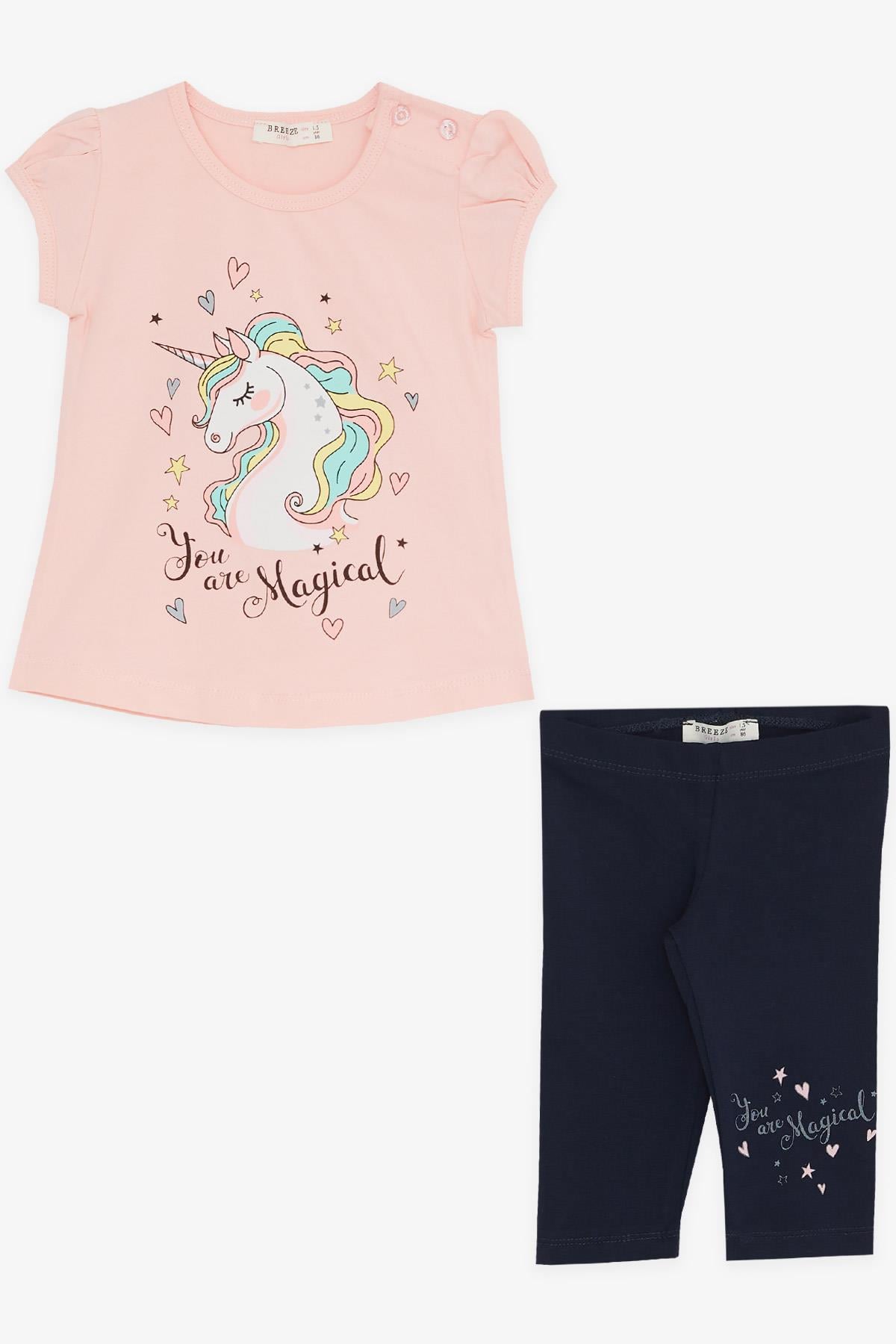 Breeze Kız Çocuk Kapri Taytlı Takım Unicorn Baskılı Somon (1.5-5 Yaş)