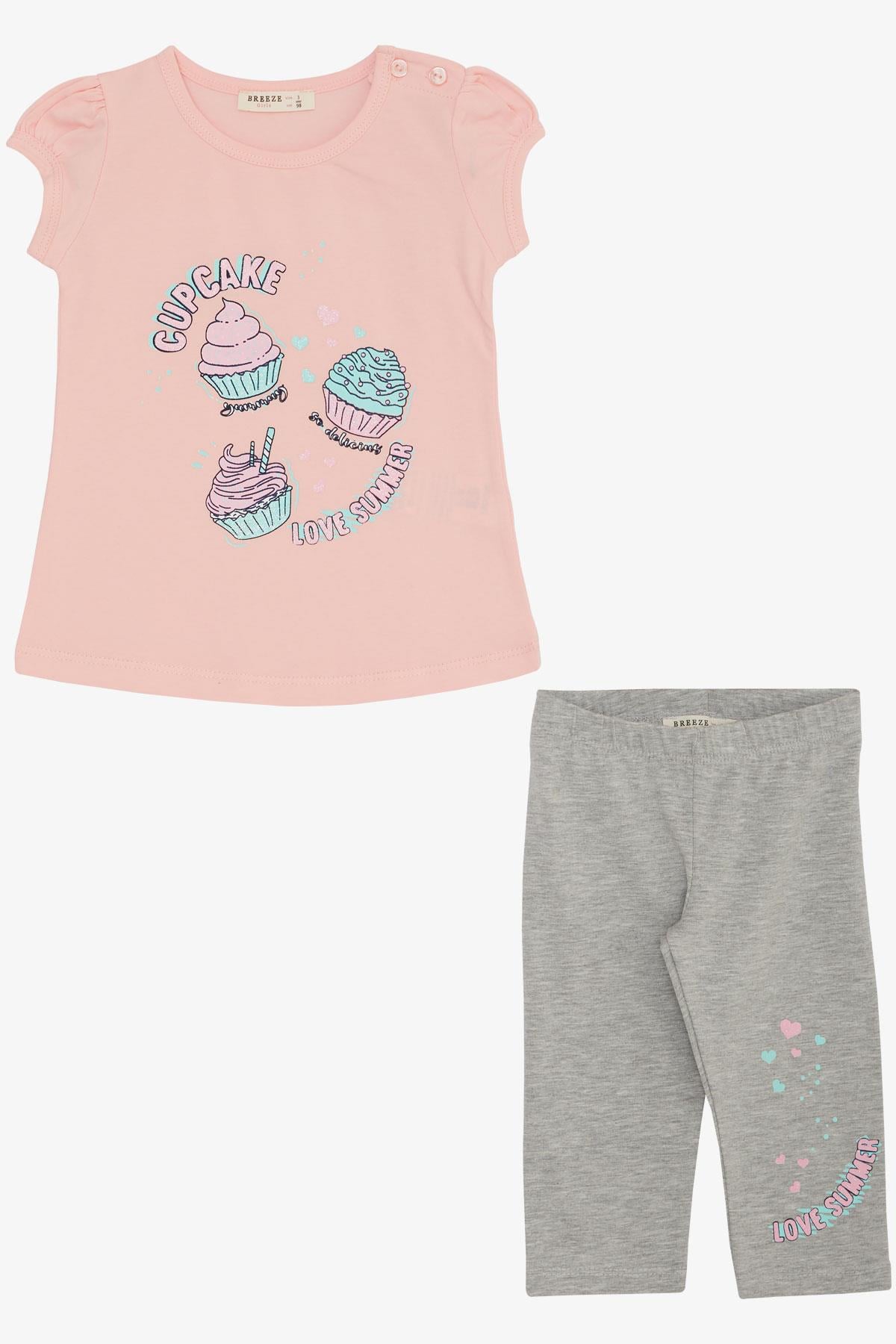 Breeze Kız Çocuk Kapri Taytlı Takım Yaz Temalı Cupcake Baskılı Pembe (1.5-5 Yaş)