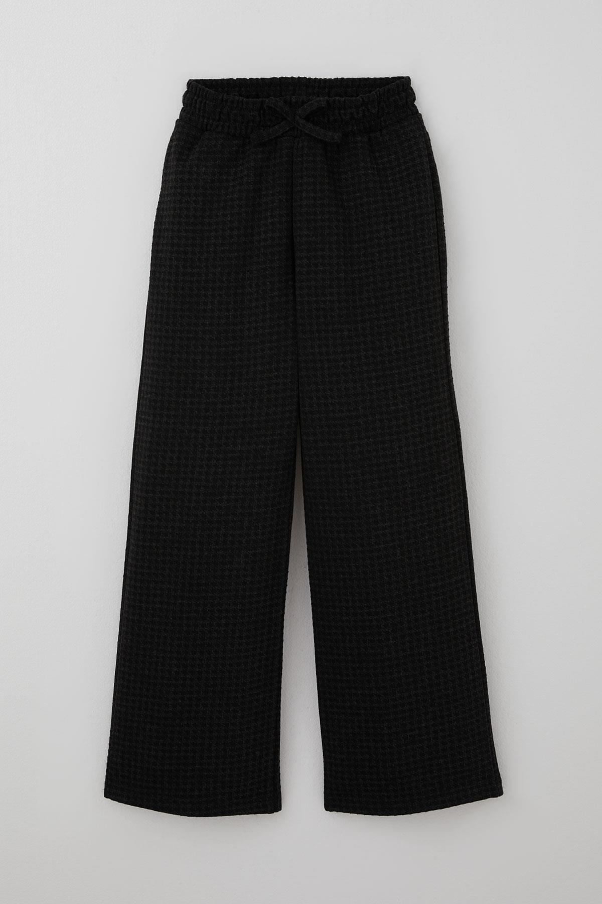 Breeze Kız Çocuk Pantolon Kazayağı Desenli Fiyonk Aksesuarlı Siyah (8-12 Yaş)