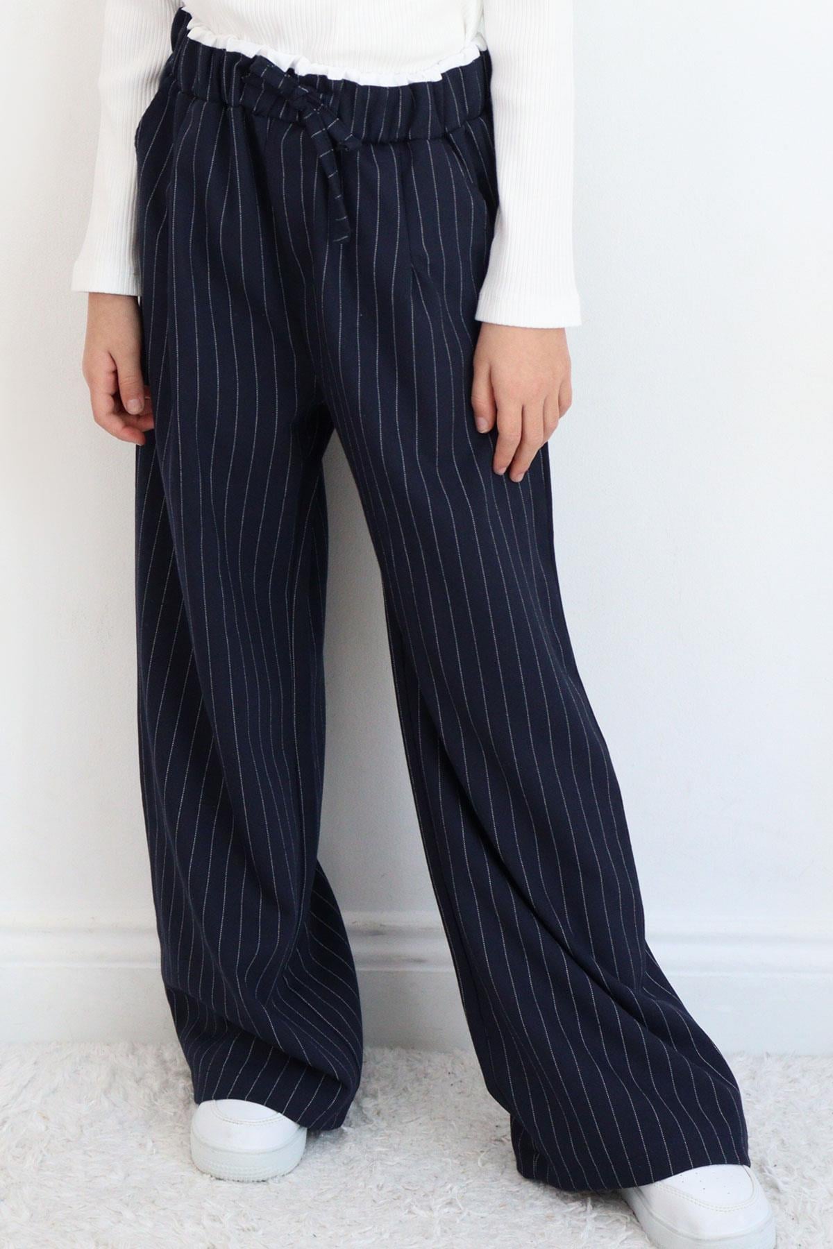 Breeze Kız Çocuk Pantolon Pinstripe Çizgili Çift Bel Detaylı Lacivert (8-14 Yaş)