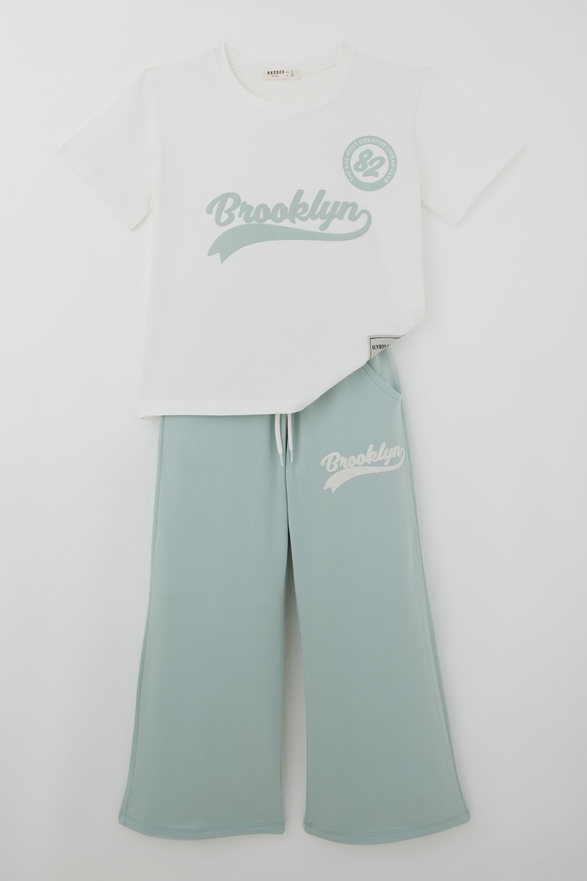 Breeze Kız Çocuk Pantolonlu Takım Brooklyn Yazı Baskılı Bağcıklı Ekru (8-14 Yaş)