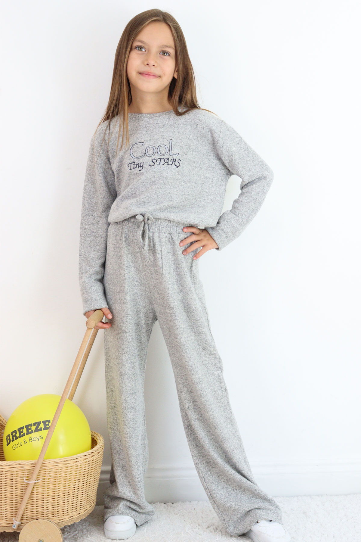 Breeze Kız Çocuk Pantolonlu Takım Cool Yazı Nakışlı Gri Melanj (5-9 Yaş)