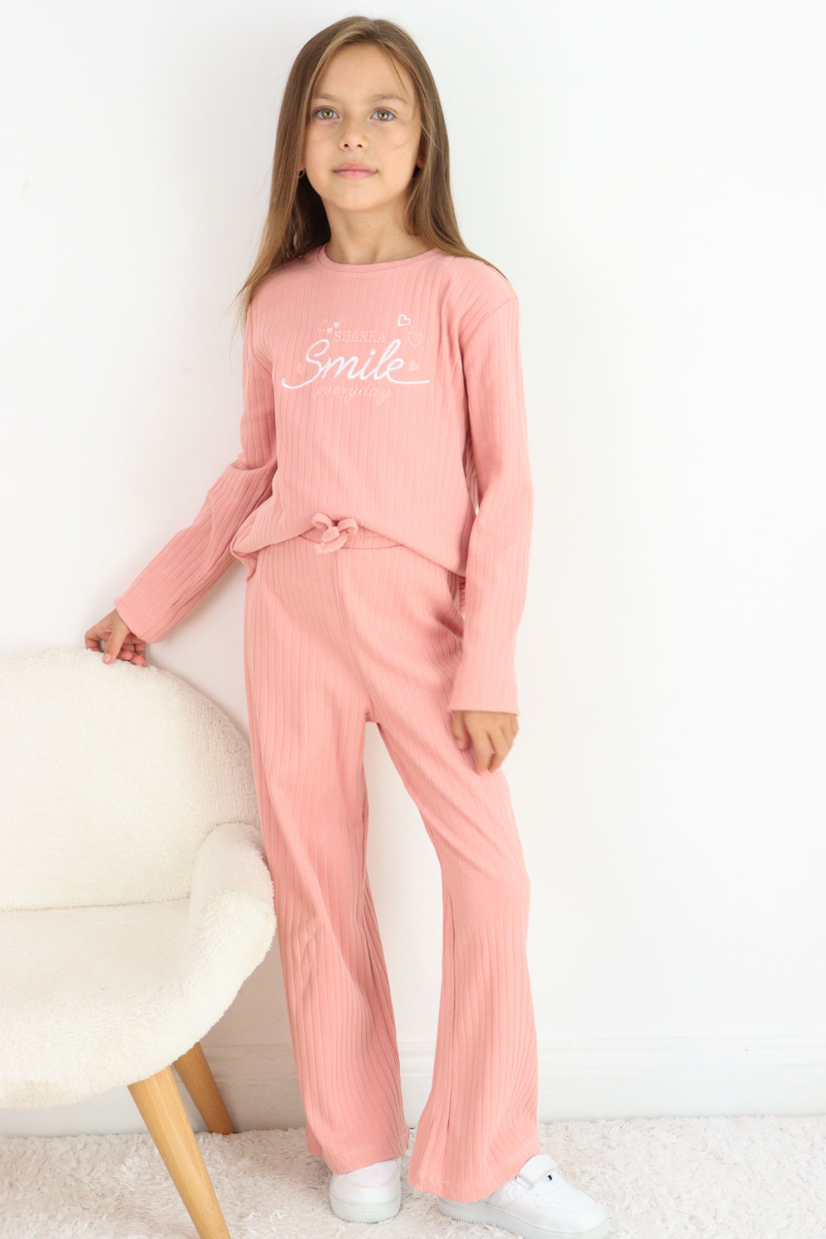 Breeze Kız Çocuk Pantolonlu Takım Yazı & Kalp Nakışlı Pantolonu Fiyonk Aksesuarlı Gülkurusu (4-8 Yaş)