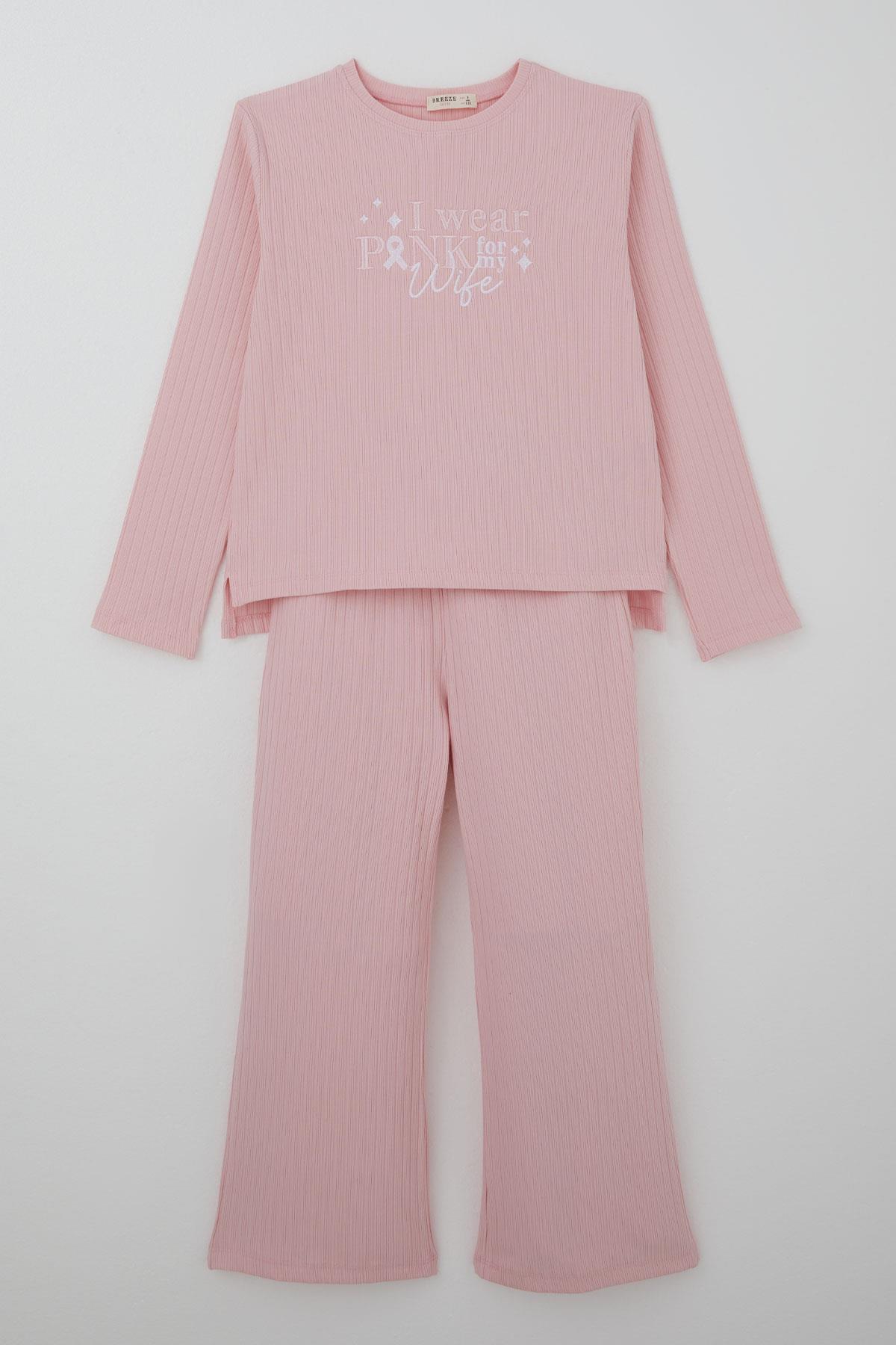 Breeze Kız Çocuk Pantolonlu Takım Yazı Nakışlı Fiyonk Detaylı Pembe (4-8 Yaş)