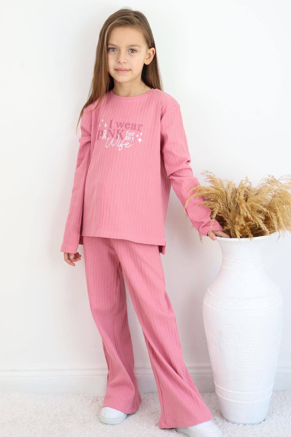 Breeze Kız Çocuk Pantolonlu Takım Yazı Nakışlı Fiyonk Detaylı Gülkurusu (4-8 Yaş)