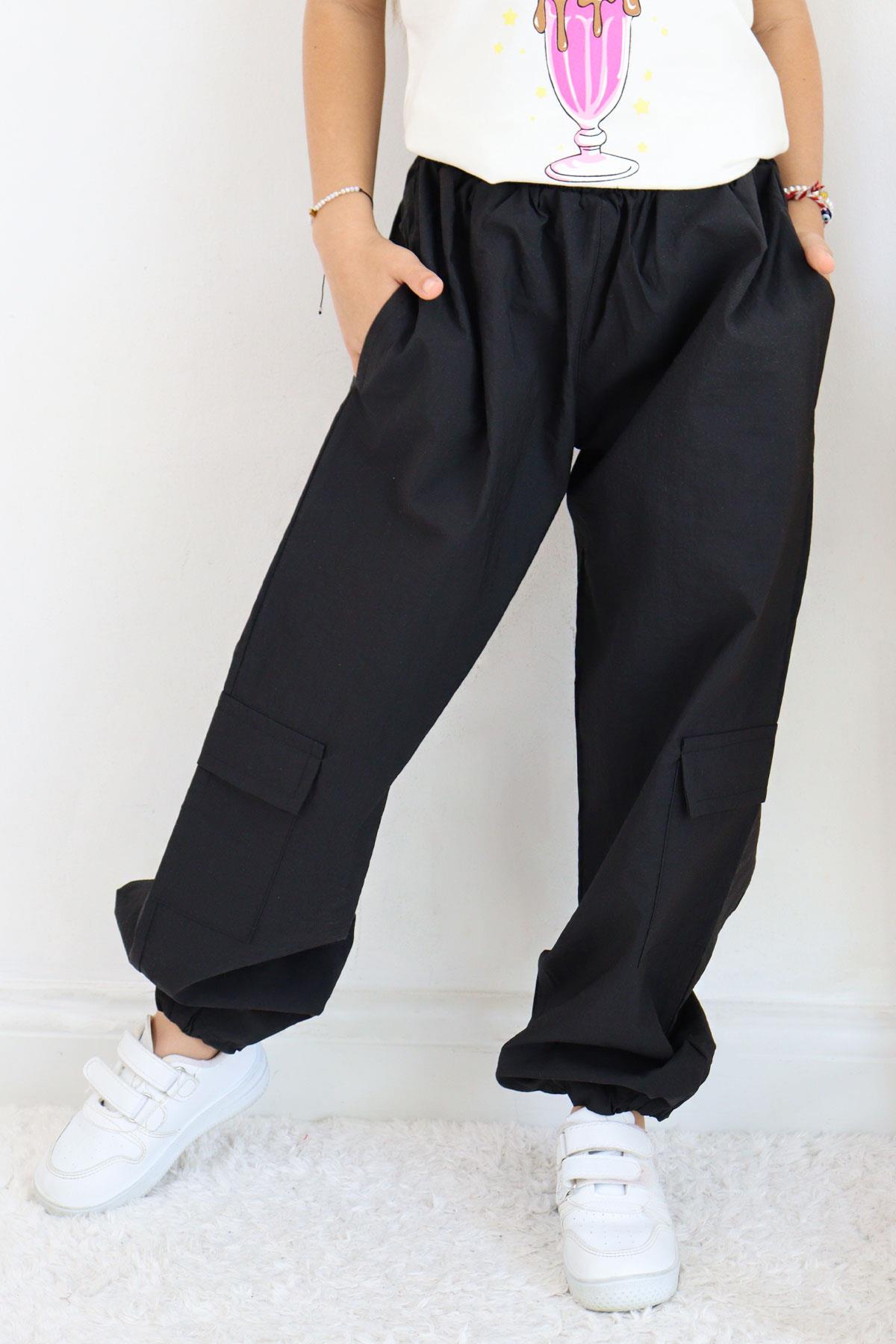 Breeze Kız Çocuk Paraşüt Jogger Paça Pantolon Kargo Cep Siyah (7-12 Yaş)