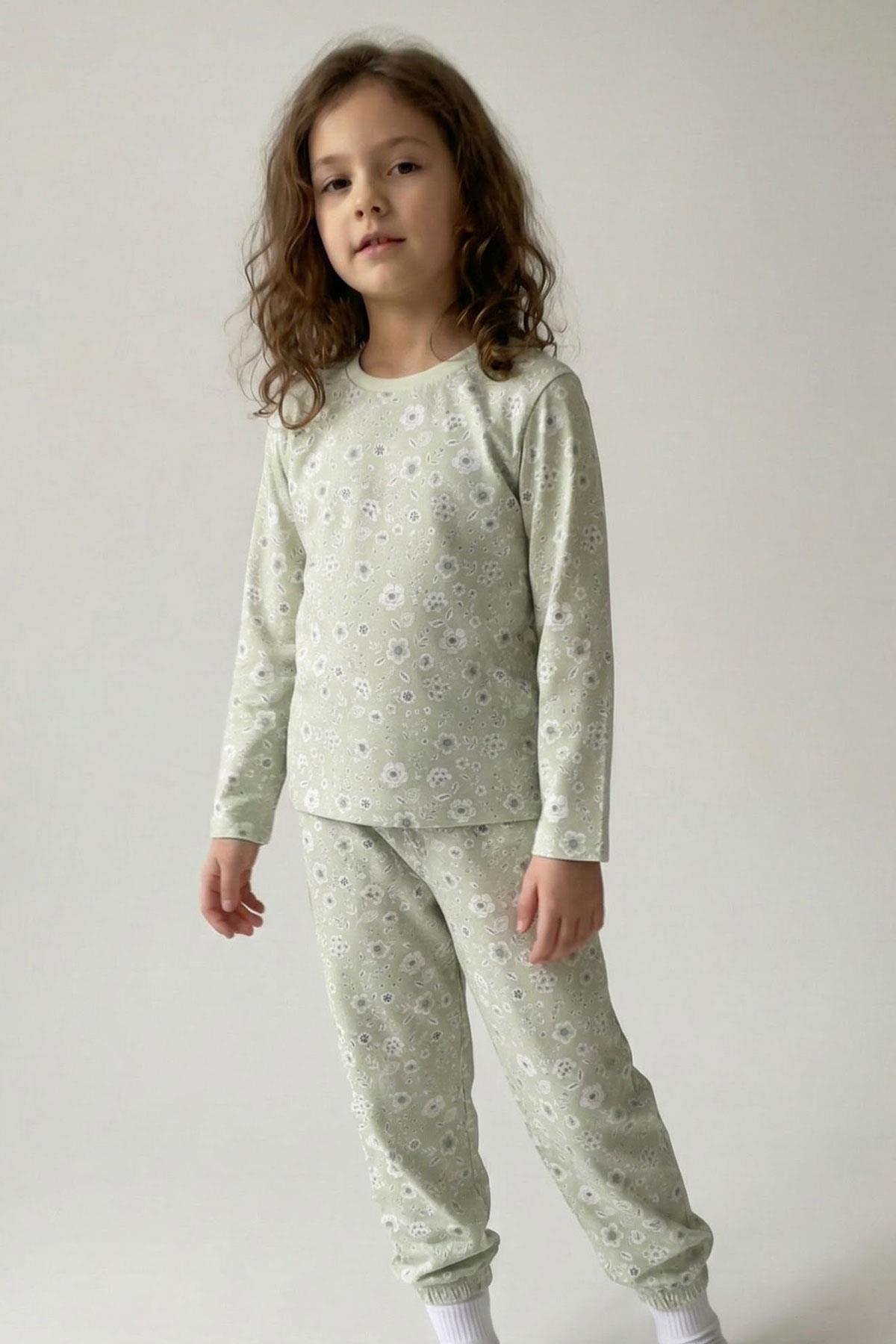 Breeze Kız Çocuk Pijama Takımı Çiçek Desenli Su Yeşili (4-8 Yaş)