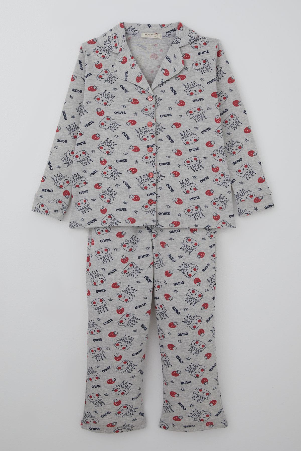 Breeze Kız Çocuk Pijama Takımı Kraliçe Kedicik & Çilek Desenli Açık Gri Melanj (7-11 Yaş)