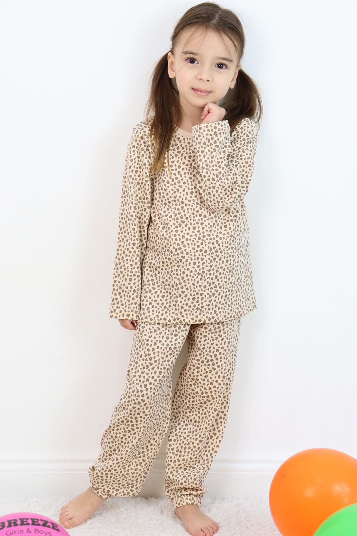 Breeze Kız Çocuk Pijama Takımı Leopar Desenli Bej (4-6 Yaş)