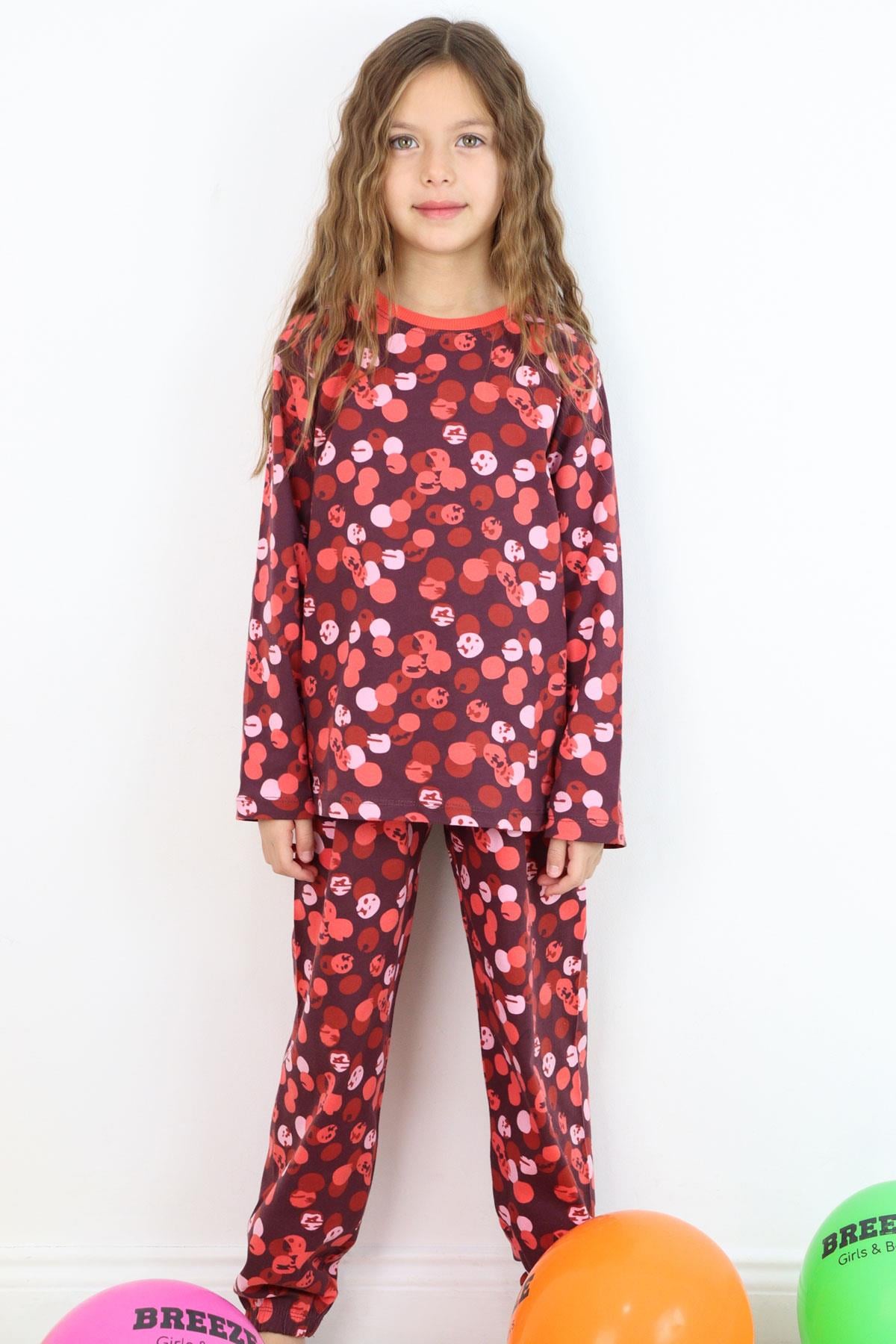 Breeze Kız Çocuk Pijama Takımı Neşeli Benekler Desenli Mürdüm (4-8 Yaş)