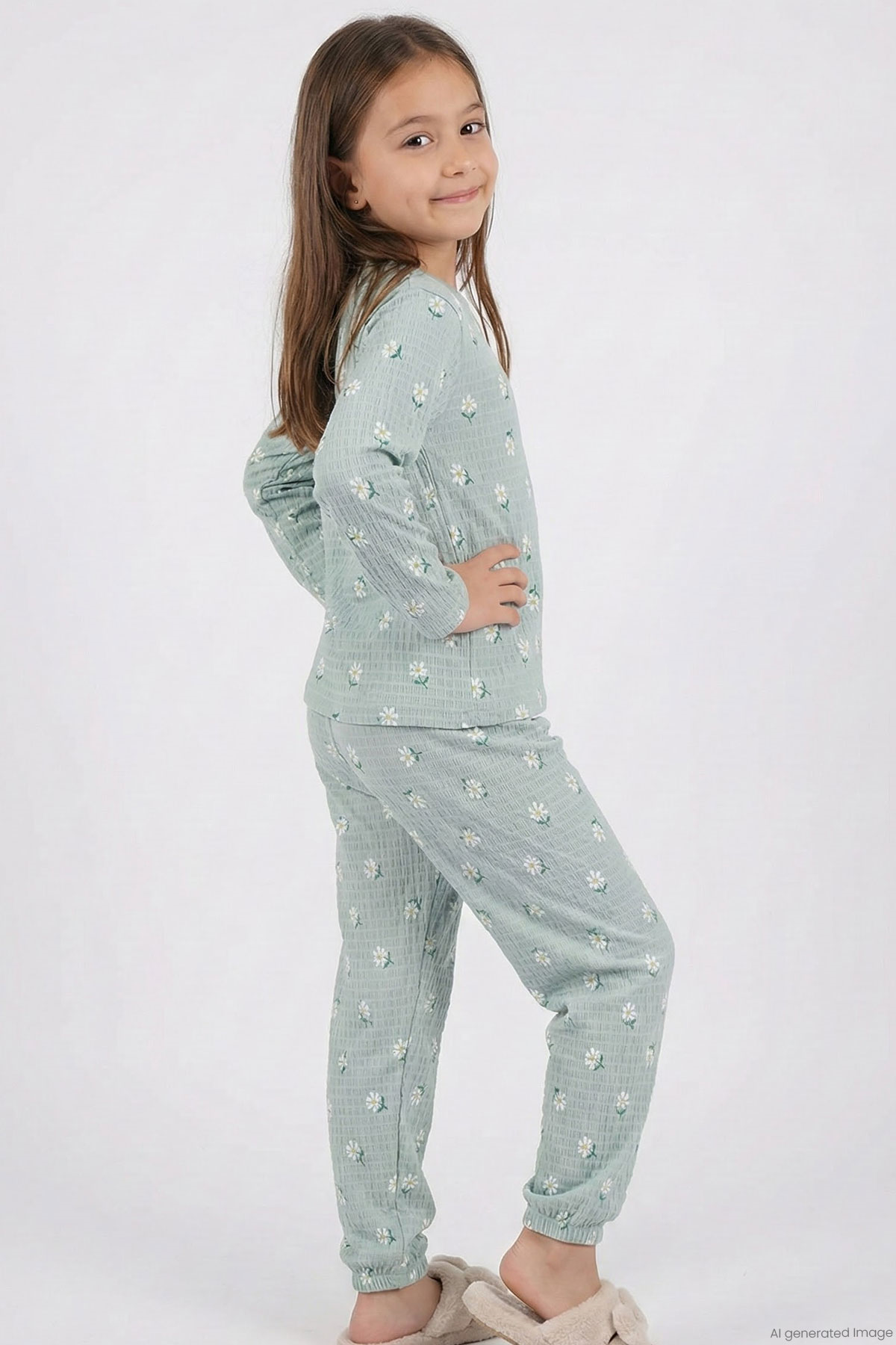 Breeze Kız Çocuk Pijama Takımı Papatya Desenli Su Yeşili (4-5 Yaş)