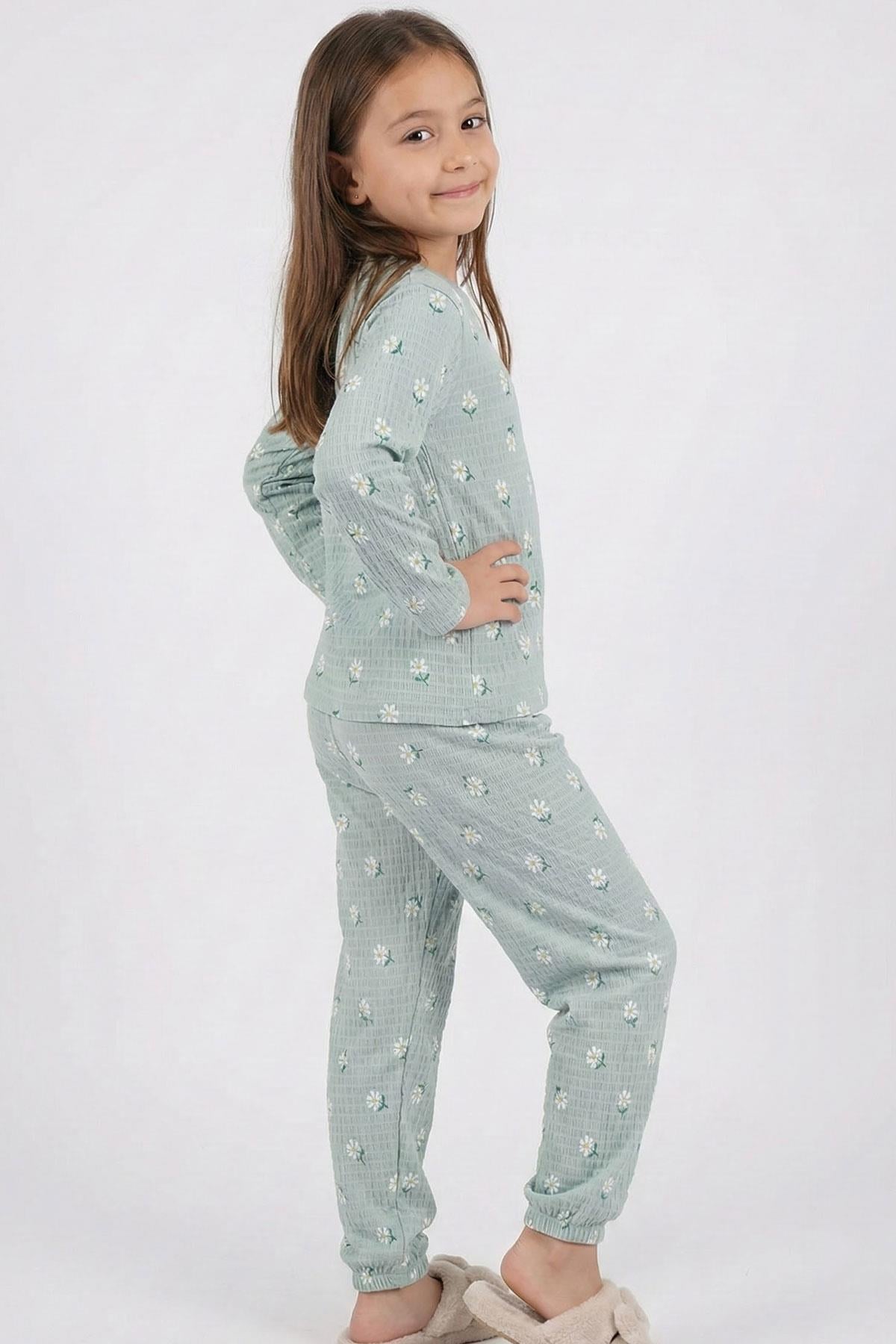 Breeze Kız Çocuk Pijama Takımı Papatya Desenli Su Yeşili (4-8 Yaş)