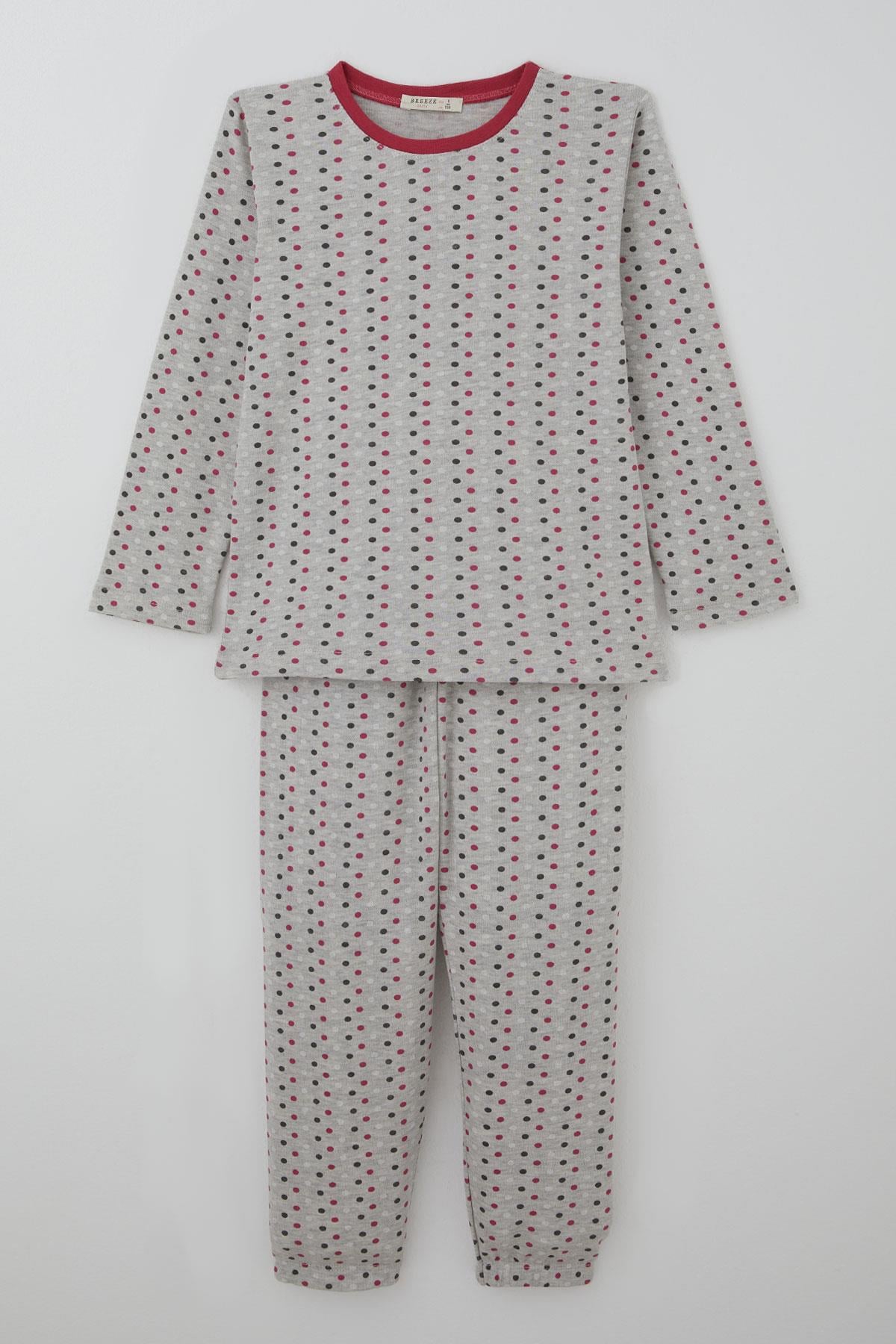 Breeze Kız Çocuk Pijama Takımı Renkli Puantiye Desenli Açık Gri Melanj (4-8 Yaş)